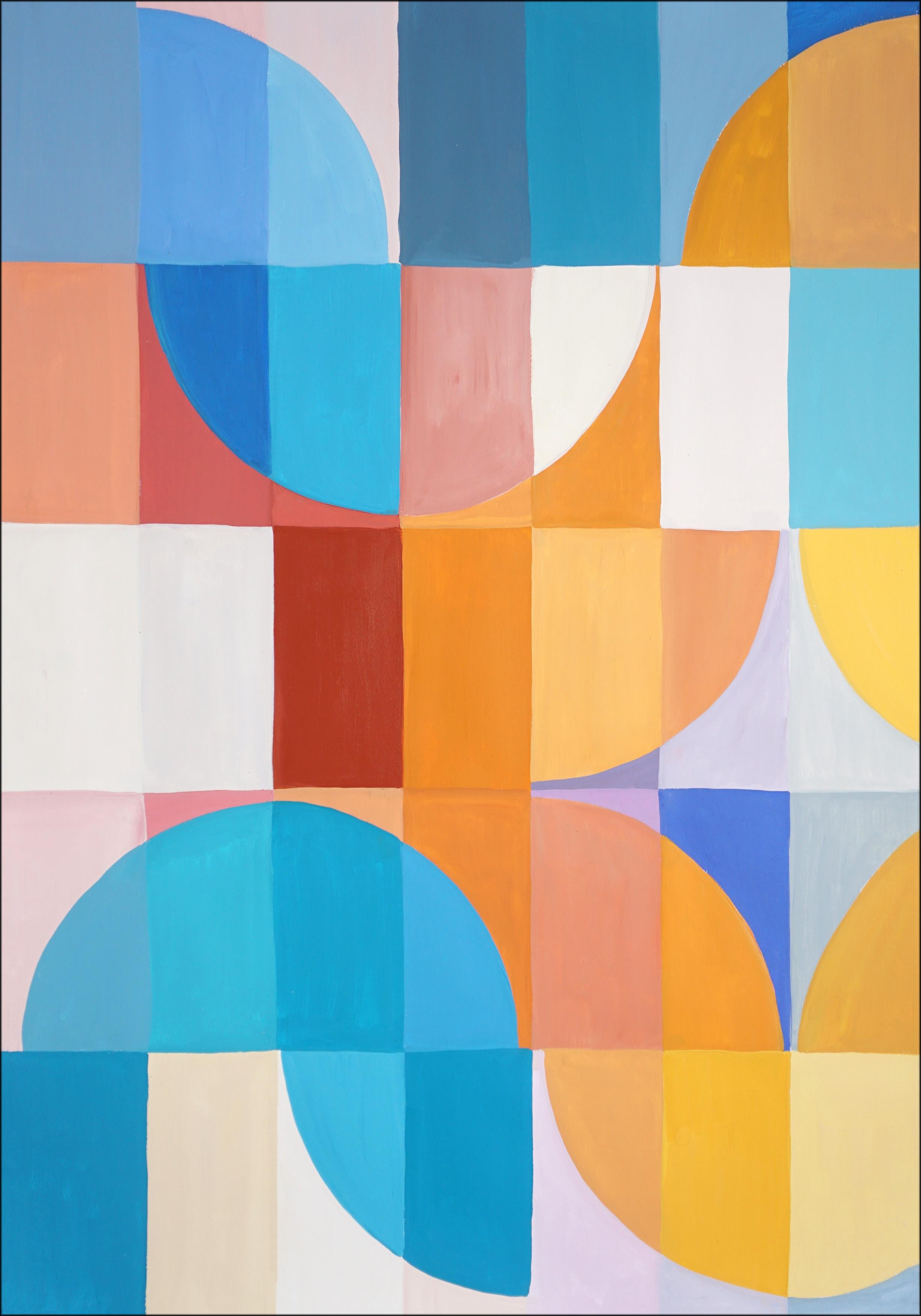 Plage ondulée abstraite, bleue et jaune, triptyque de mosaïques Bauhaus, motifs géométriques en vente 1