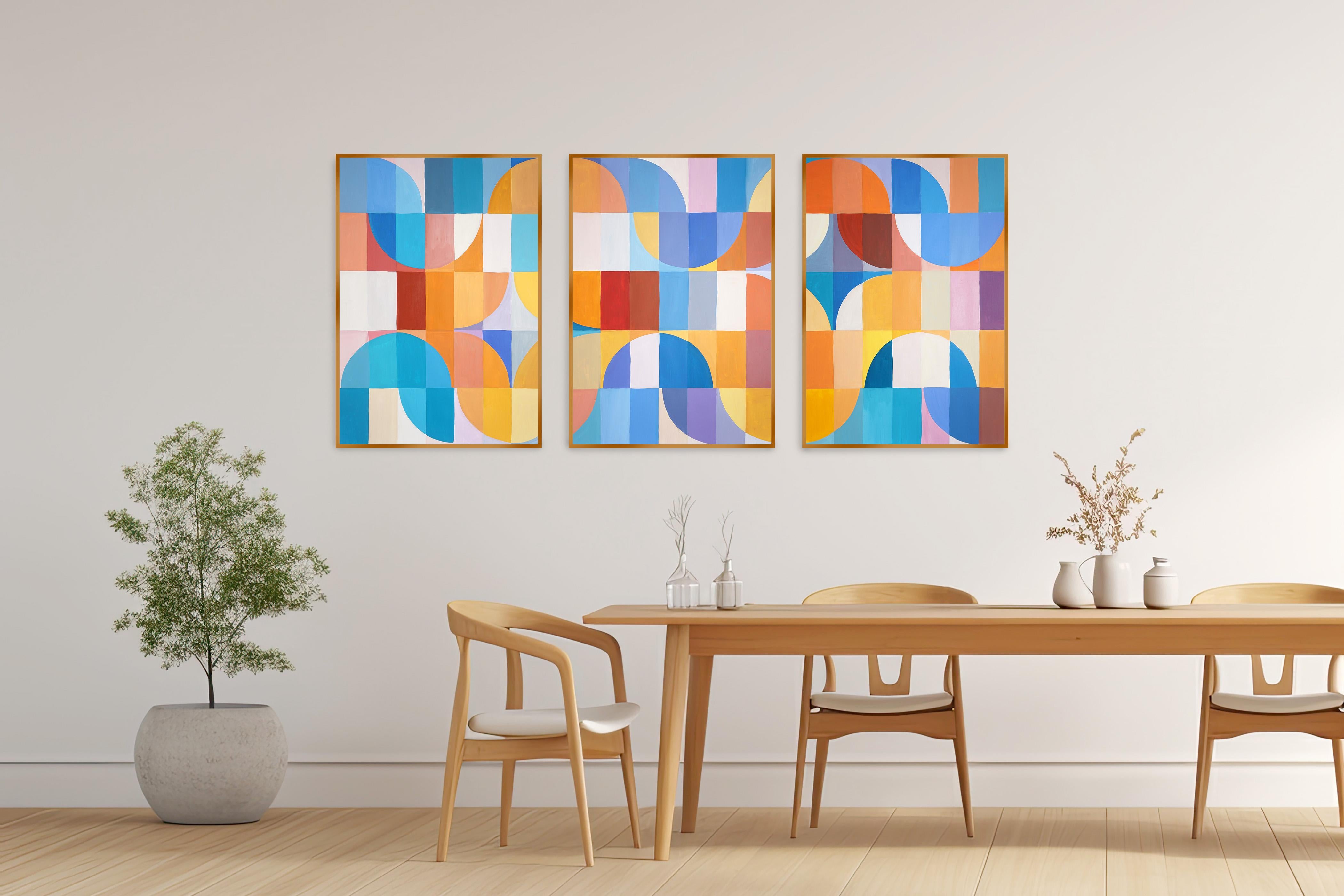Plage ondulée abstraite, bleue et jaune, triptyque de mosaïques Bauhaus, motifs géométriques en vente 3