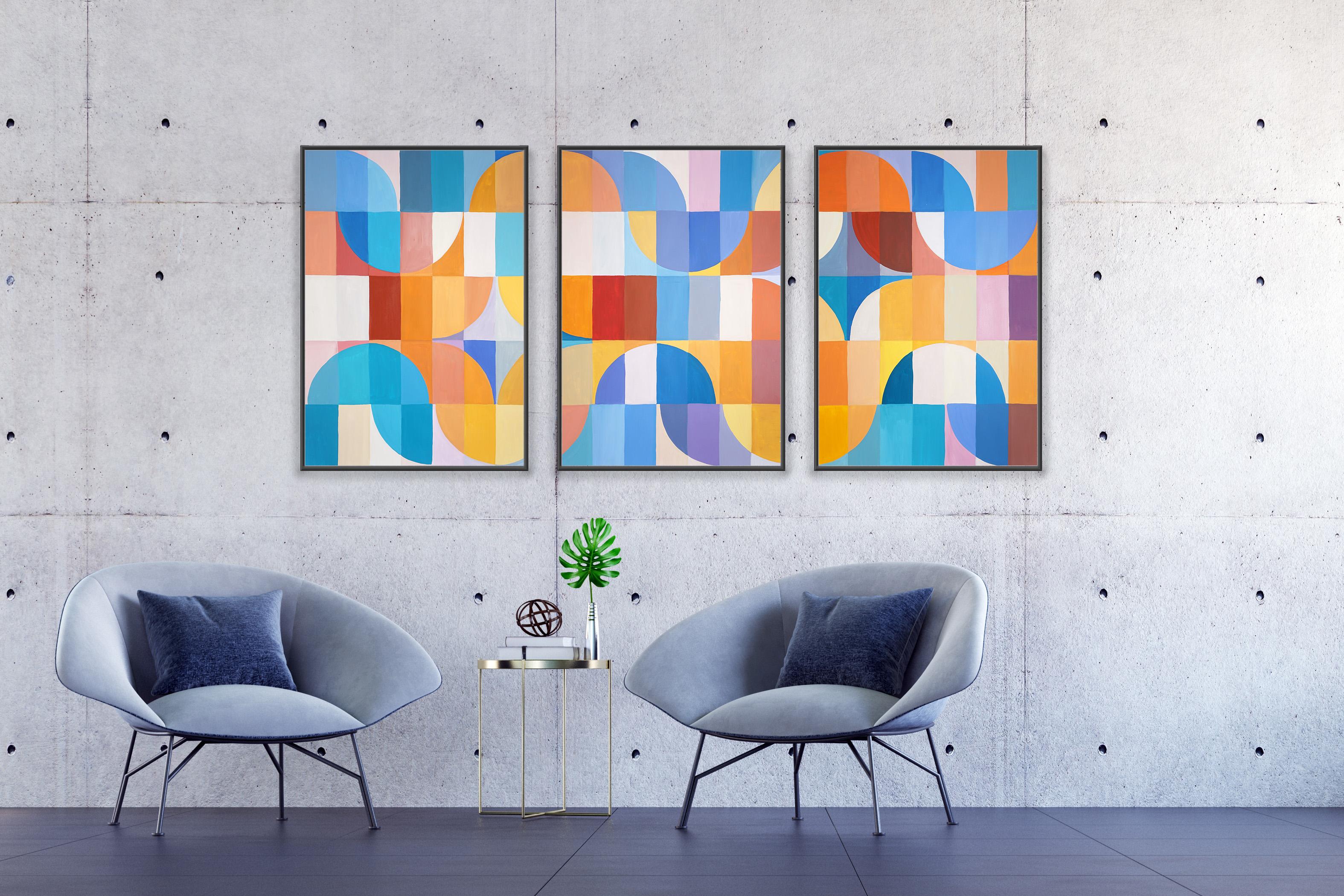 Plage ondulée abstraite, bleue et jaune, triptyque de mosaïques Bauhaus, motifs géométriques en vente 5