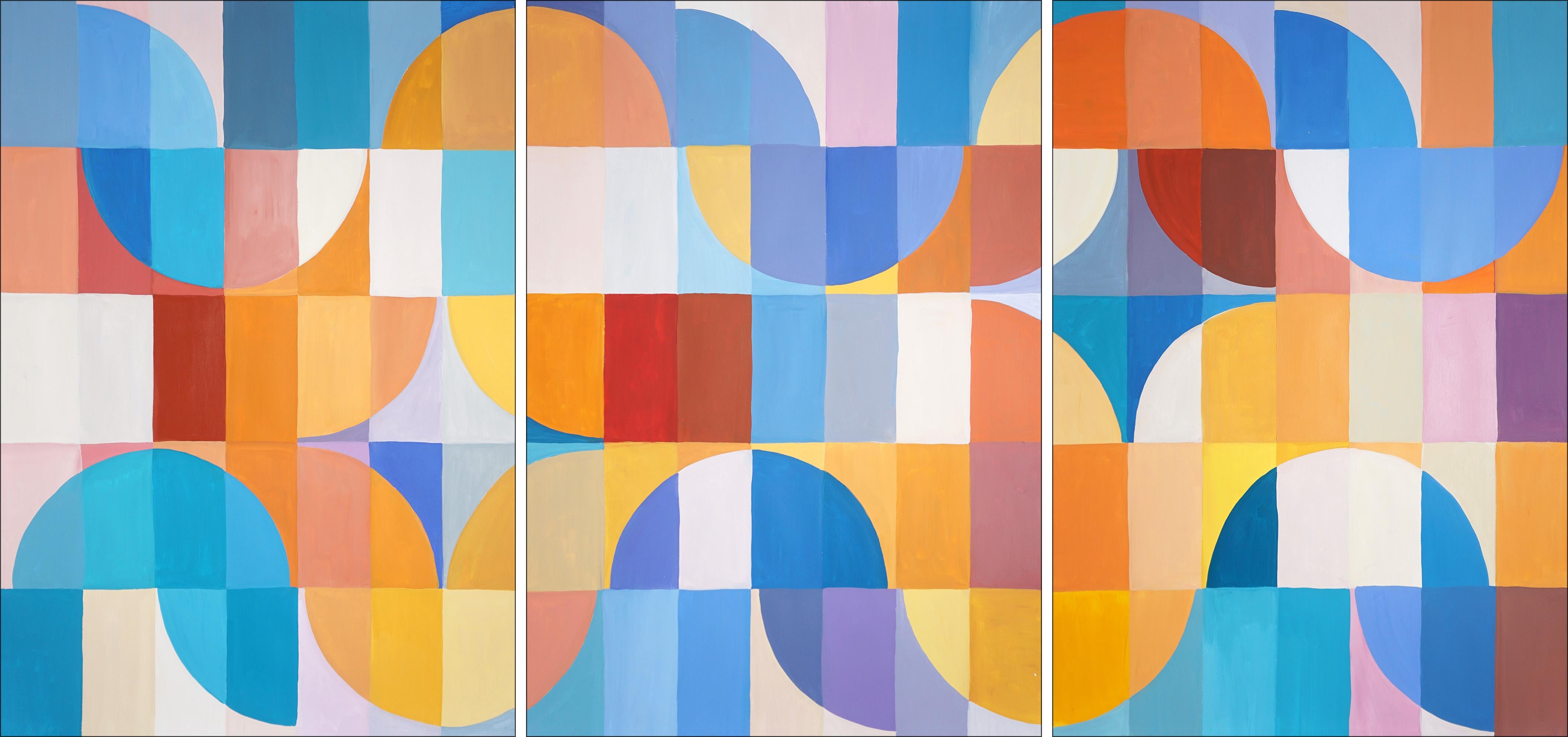 Abstract Painting Natalia Roman - Plage ondulée abstraite, bleue et jaune, triptyque de mosaïques Bauhaus, motifs géométriques