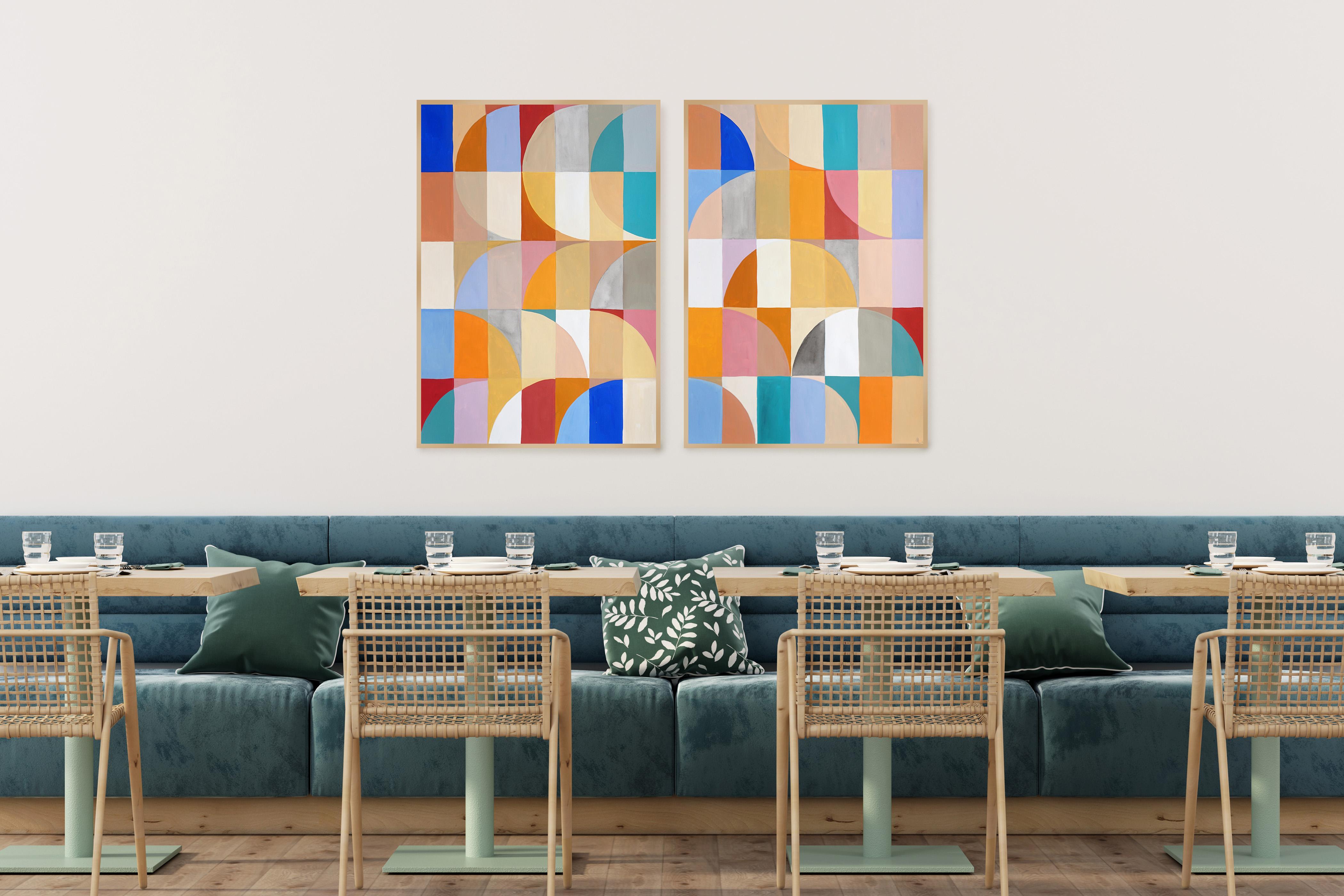 Peinture diptyque Bauhaus Arches Dunes, papier, tons pastel - Painting de Natalia Roman