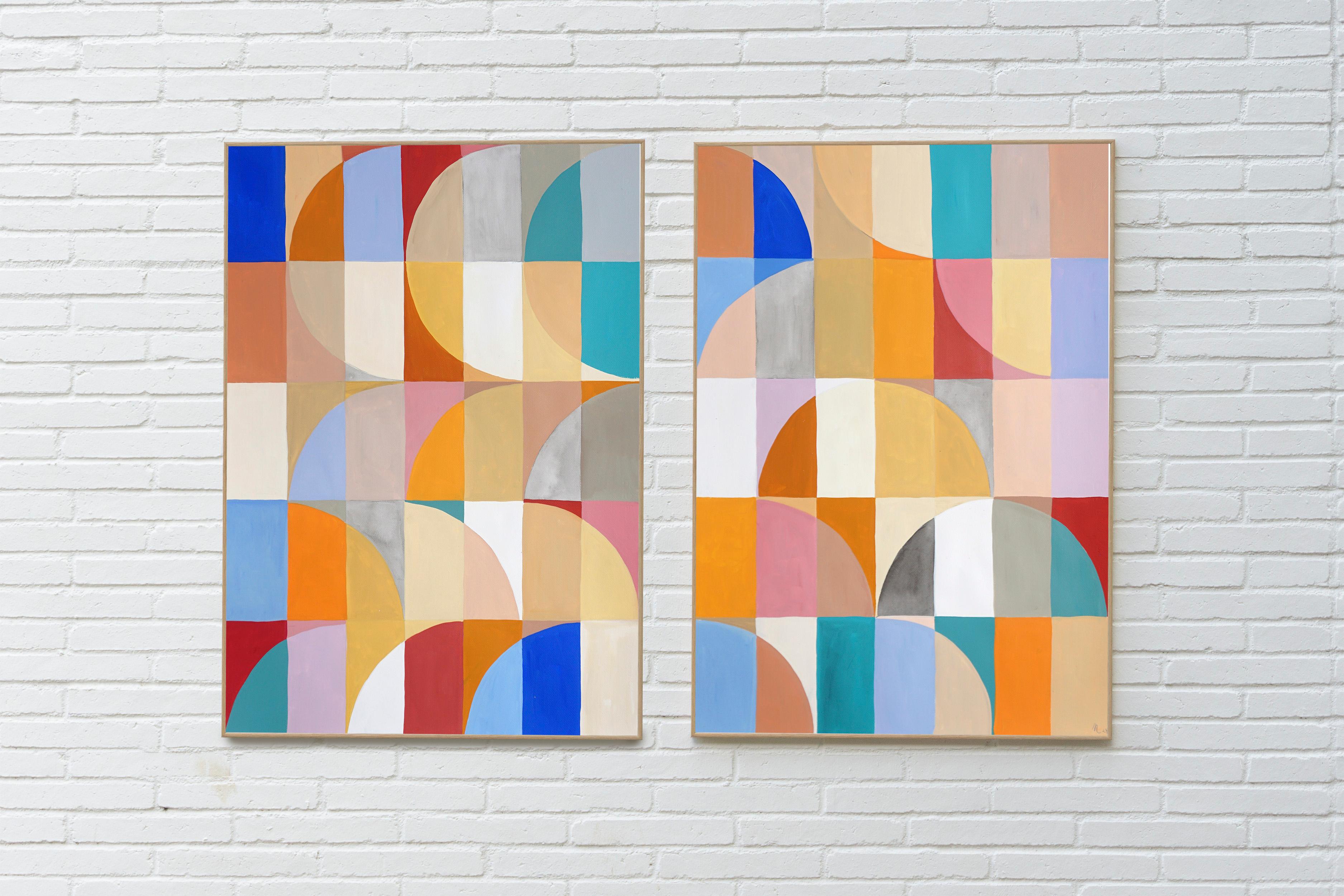 Peinture diptyque Bauhaus Arches Dunes, papier, tons pastel - Cubisme analytique Painting par Natalia Roman