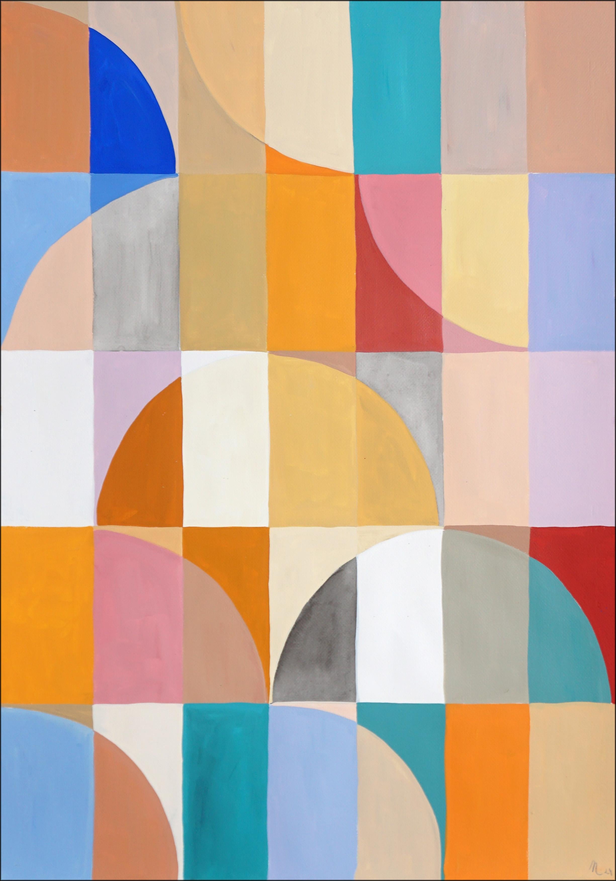 Cette peinture acrylique géométrique abstraite est une composition vibrante et ludique qui s'inspire des parasols italiens vintage. En mettant l'accent sur des couleurs vives et audacieuses et des lignes épurées, le tableau présente des formes et