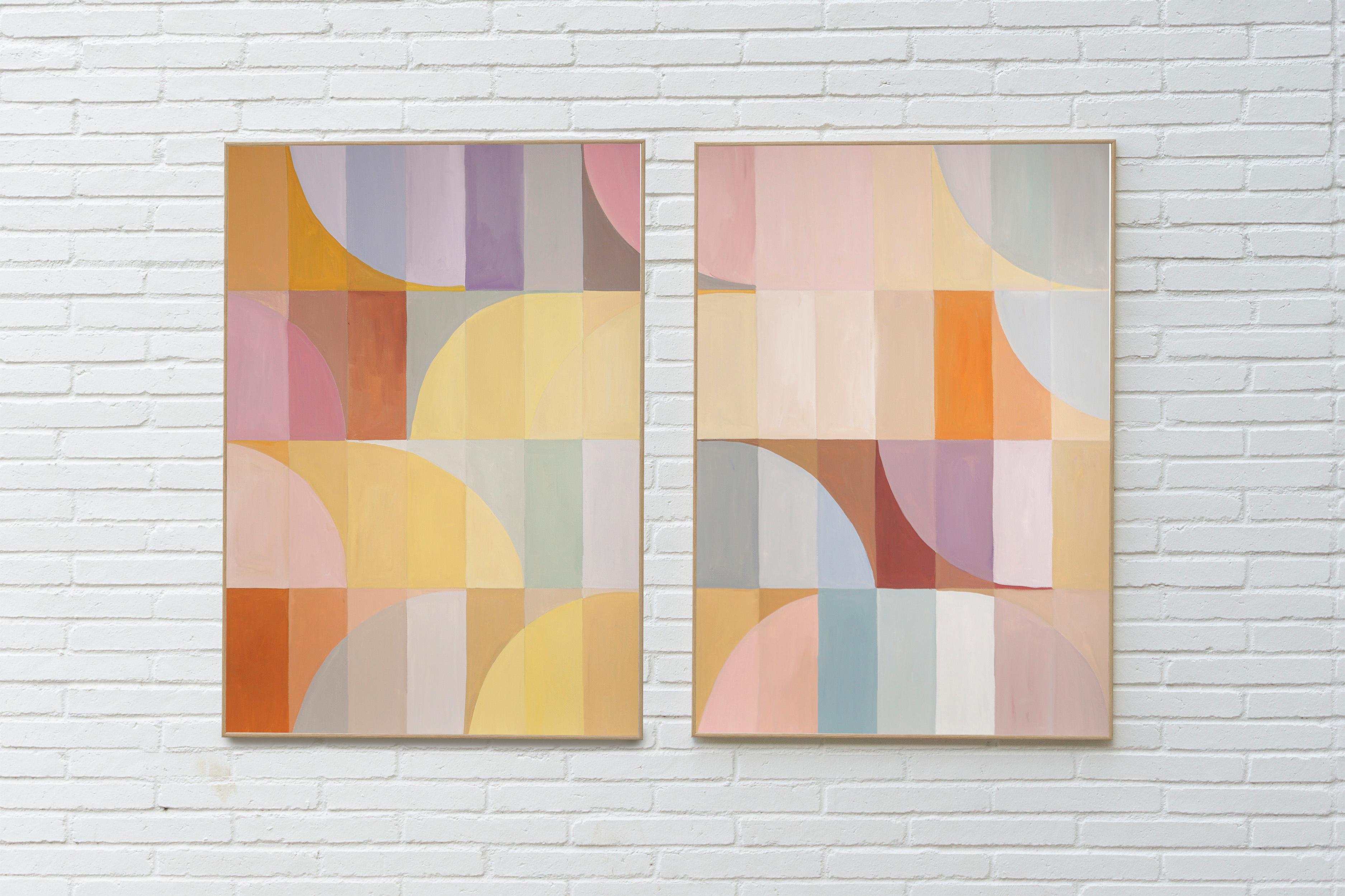 Amber Pastel Sands, Light Tones, Yellow to Purple Hue, Geometric Bauhaus Tiles - Painting by Natalia Roman
