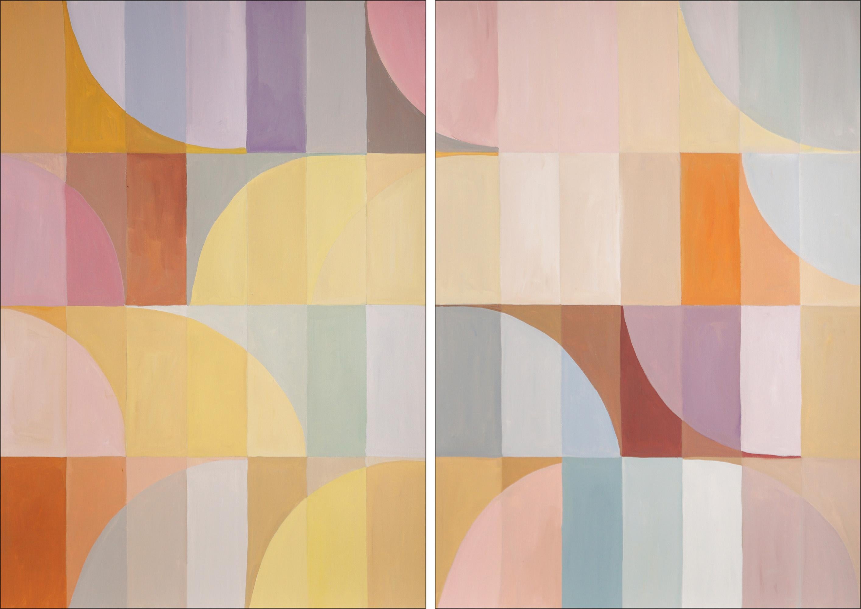Natalia Roman Landscape Painting - Amber Pastel Sands, Light Tones, Yellow to Purple Hue, Geometric Bauhaus Tiles