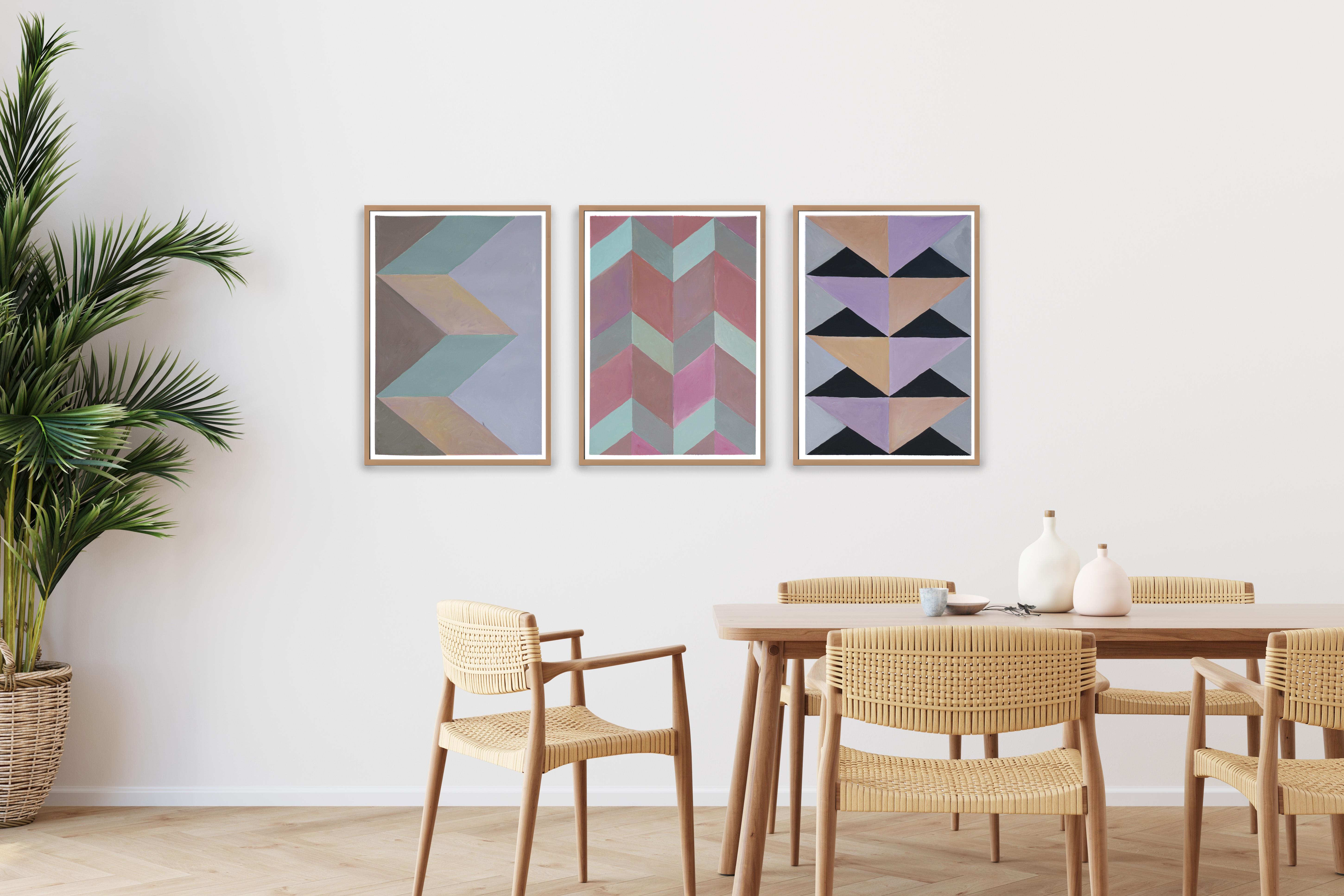 Architecture & Artichoke, Pastel Tones Geometric Triptych, Fractal Modern Grid - Painting by Natalia Roman