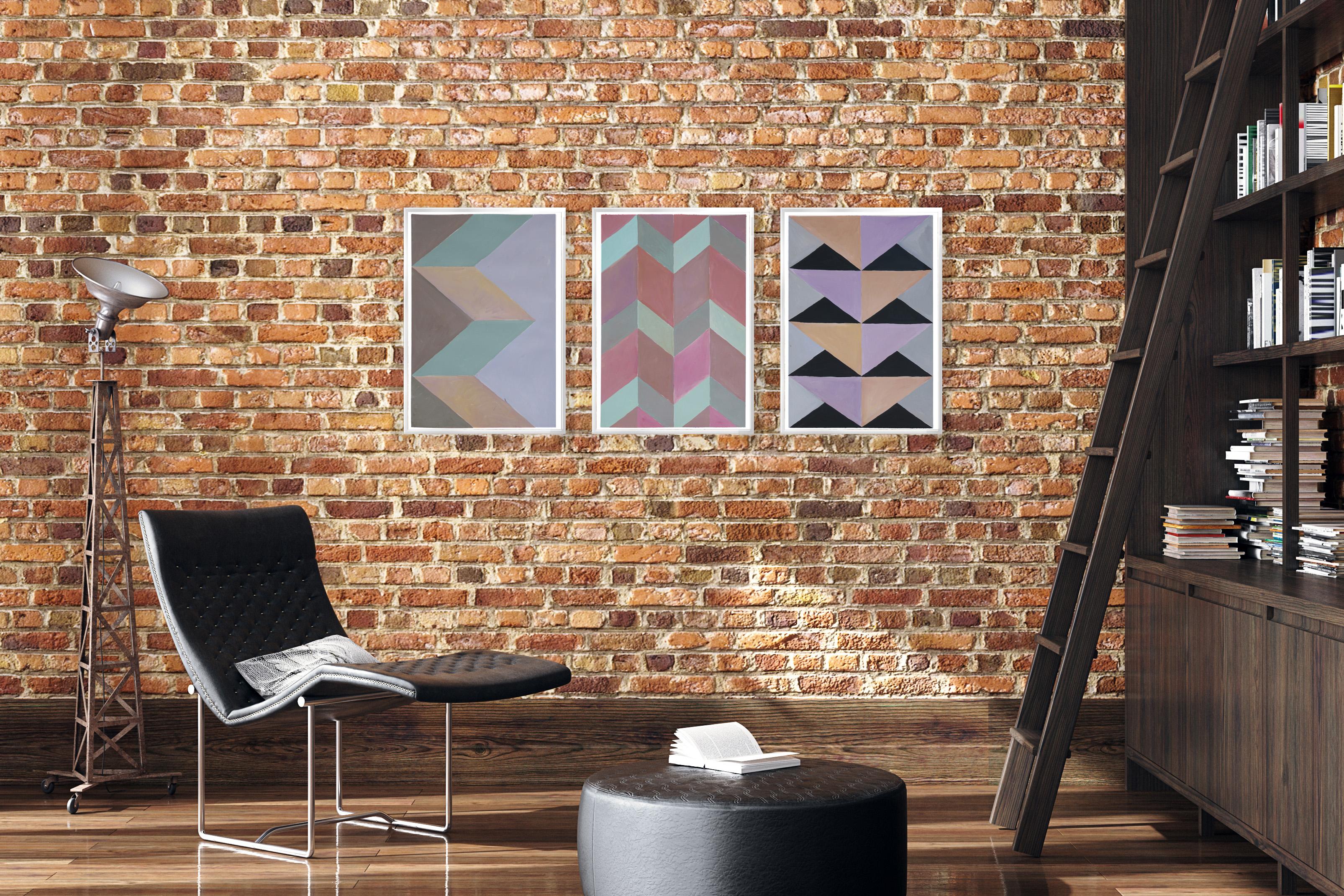 Architecture & Artichoke, Pastel Tones Geometric Triptych, Fractal Modern Grid - Abstract Geometric Painting by Natalia Roman