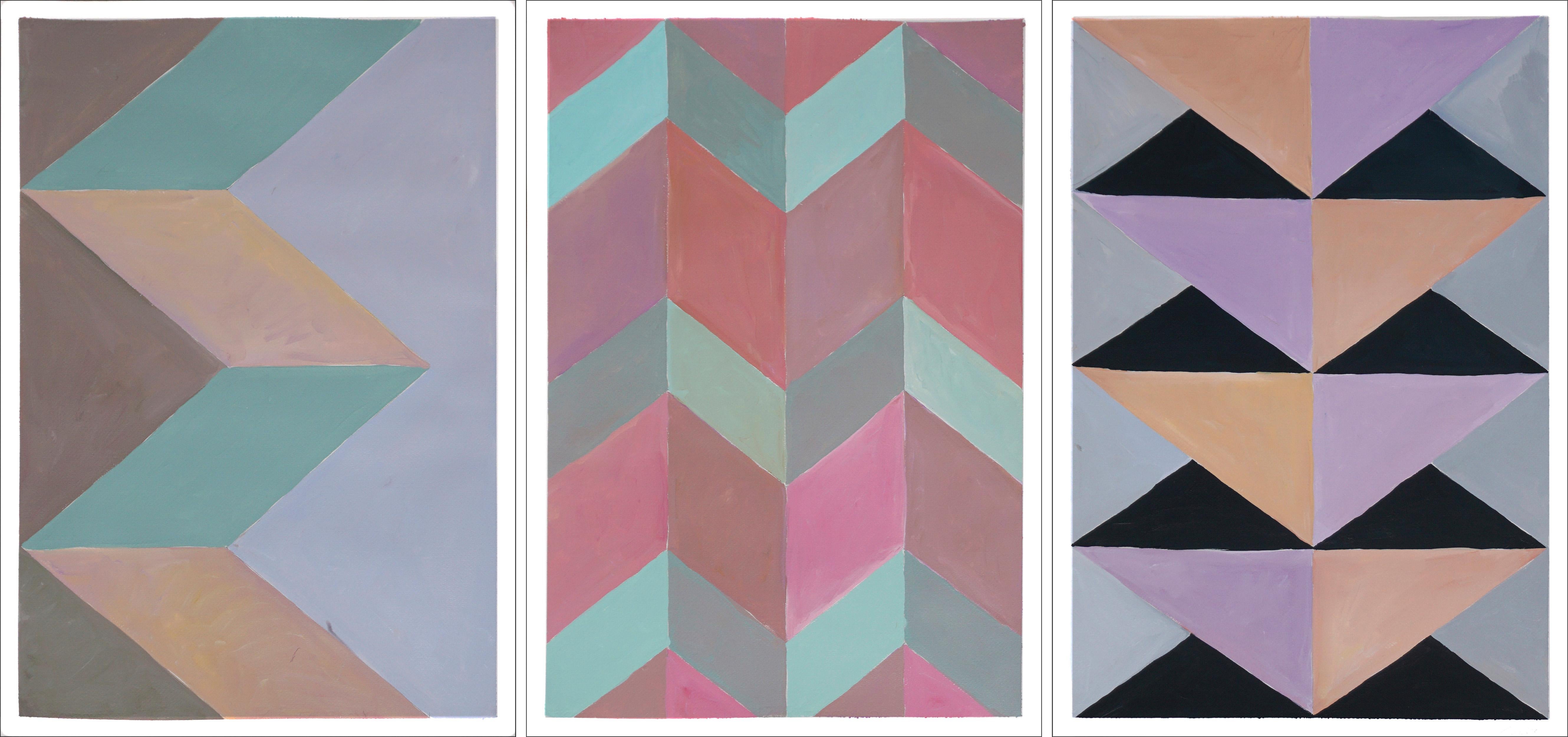 Architecture & Artichoke, Pastel Tones Geometric Triptych, Fractal Modern Grid