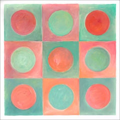 Art Deco Coral Revival, Pastel Green and Coral, Squared Geometric Painting, 2022