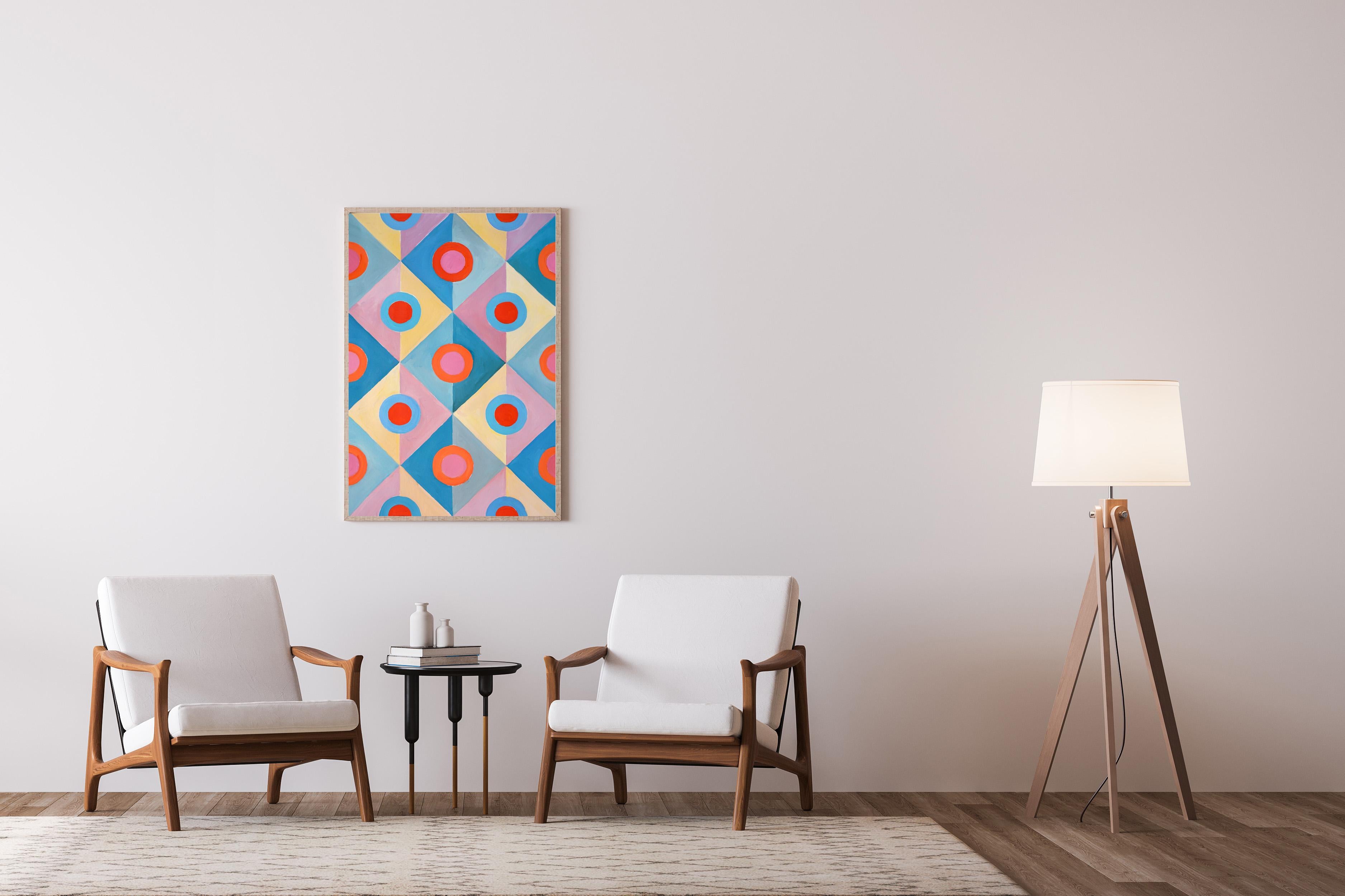 Miroirs Art Déco pastel, motifs géométriques turquoises et roses en carreaux, symétrie  - Art déco Painting par Natalia Roman