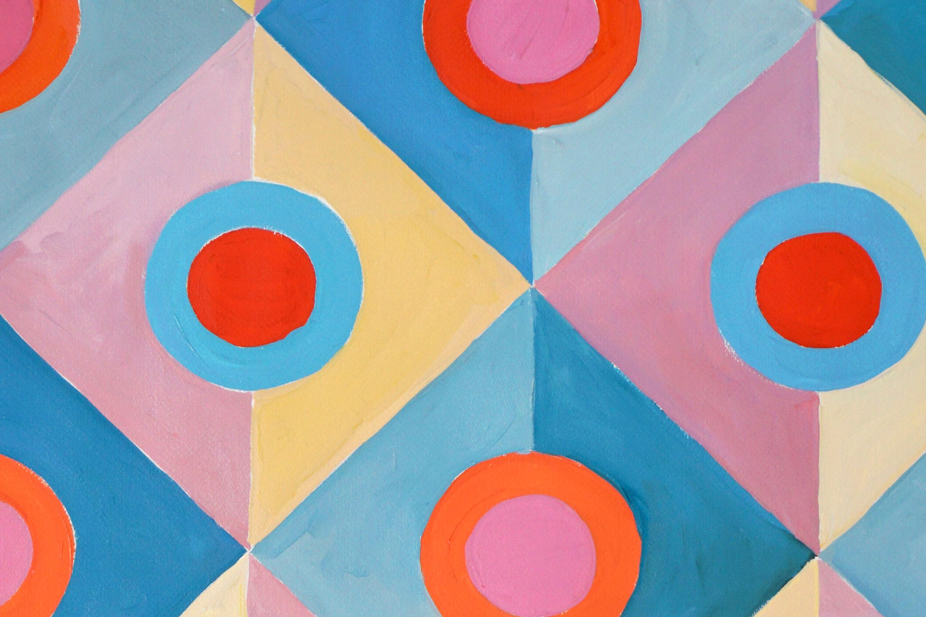 Miroirs Art Déco pastel, motifs géométriques turquoises et roses en carreaux, symétrie  - Vert Landscape Painting par Natalia Roman