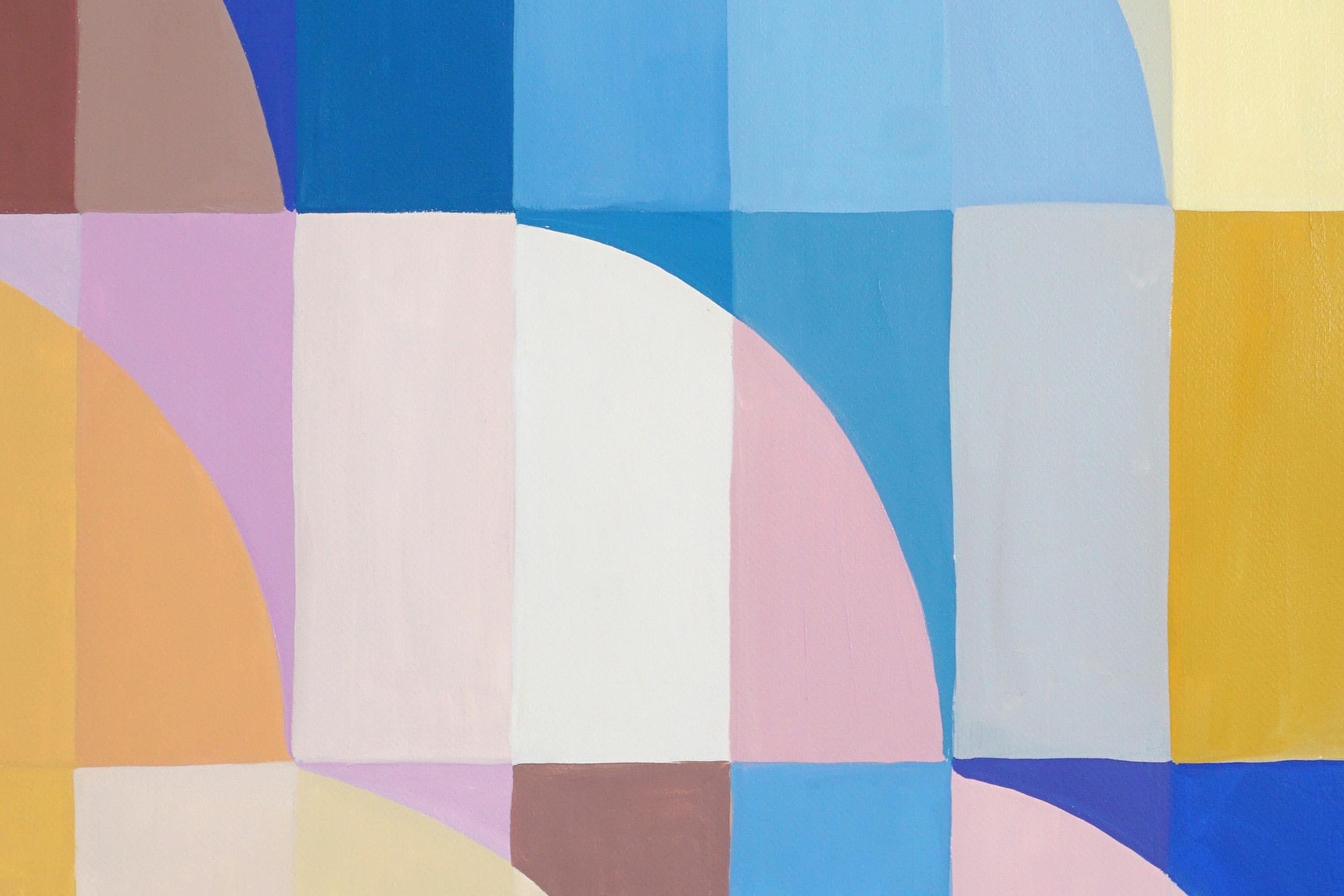 Art Deco Pastello, trittico di archi Bauhaus, motivi organici blu e gialli 6