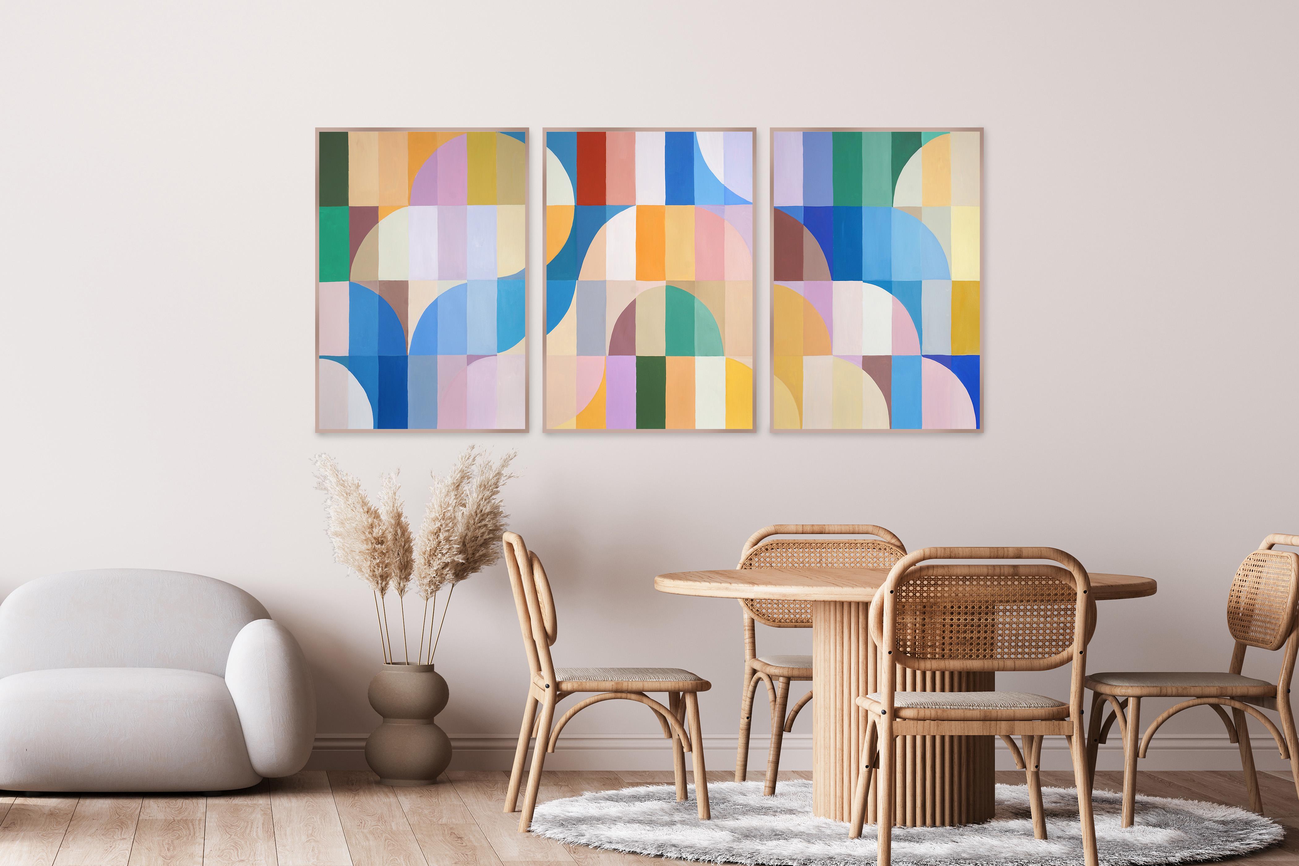 Art Deco Pastello, trittico di archi Bauhaus, motivi organici blu e gialli - Painting Neocostruttivismo di Natalia Roman