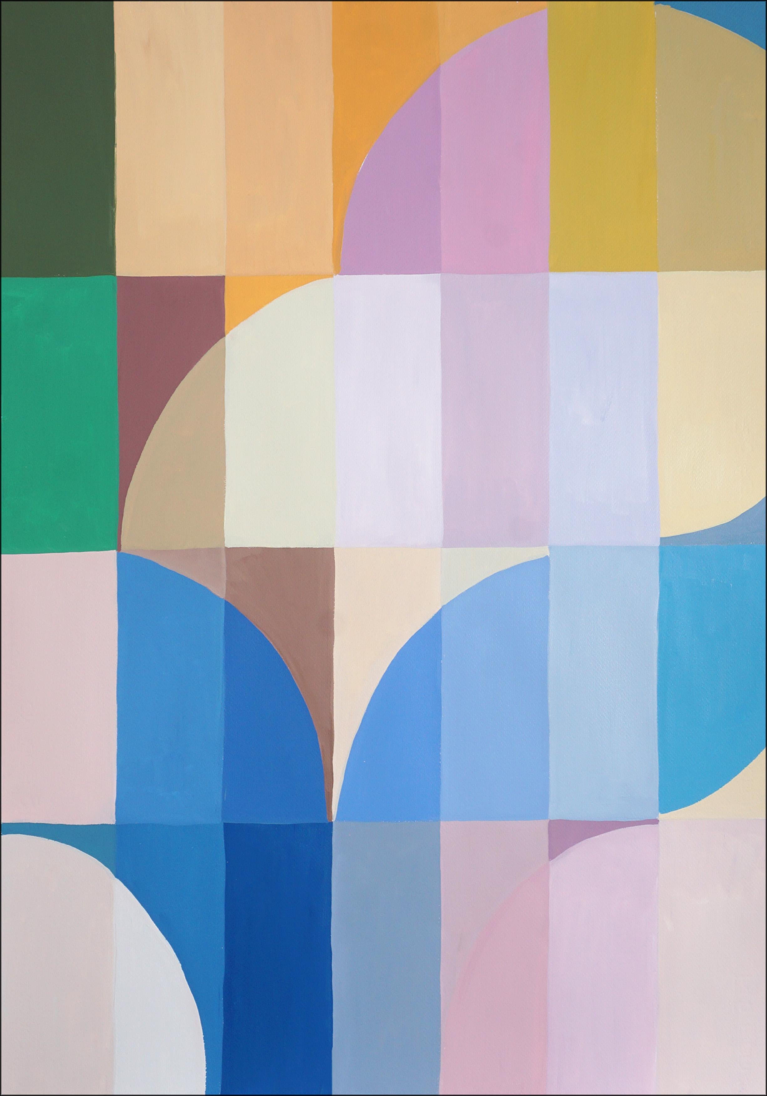 Art Deco Pastello, trittico di archi Bauhaus, motivi organici blu e gialli - Abstract Painting Beige di Natalia Roman