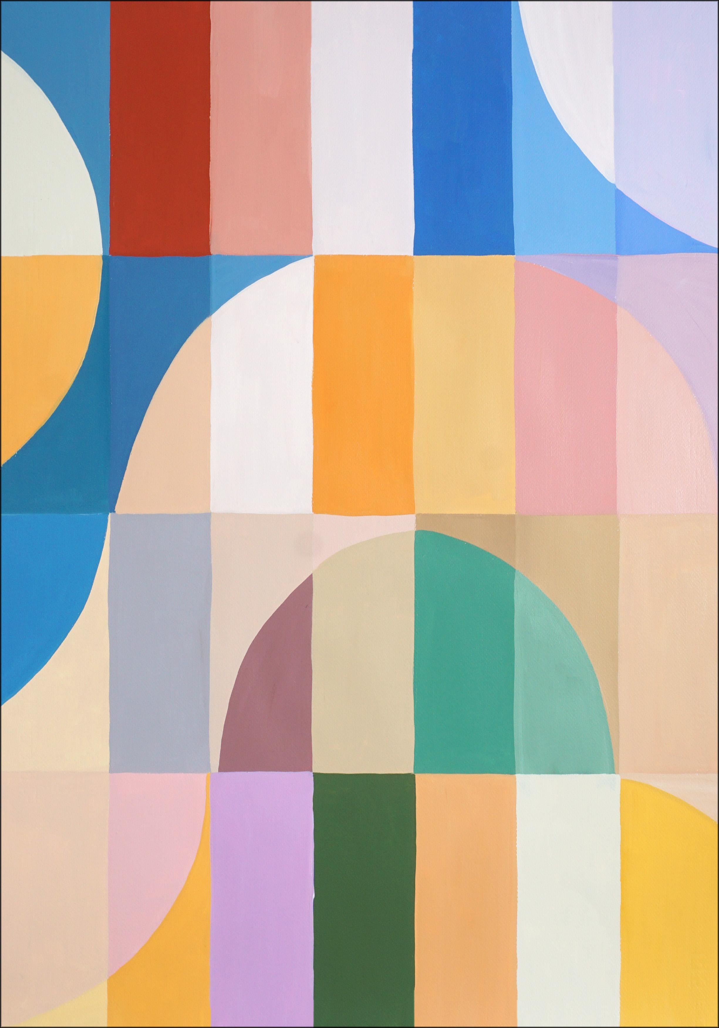 Questa serie di dipinti geometrici astratti di Natalia Roman trae ispirazione dalle griglie e dalle curve eleganti dell'architettura Bauhaus, esplorando allo stesso tempo variazioni di colori vivaci e pastello. Gli archi e le curve, meticolosamente