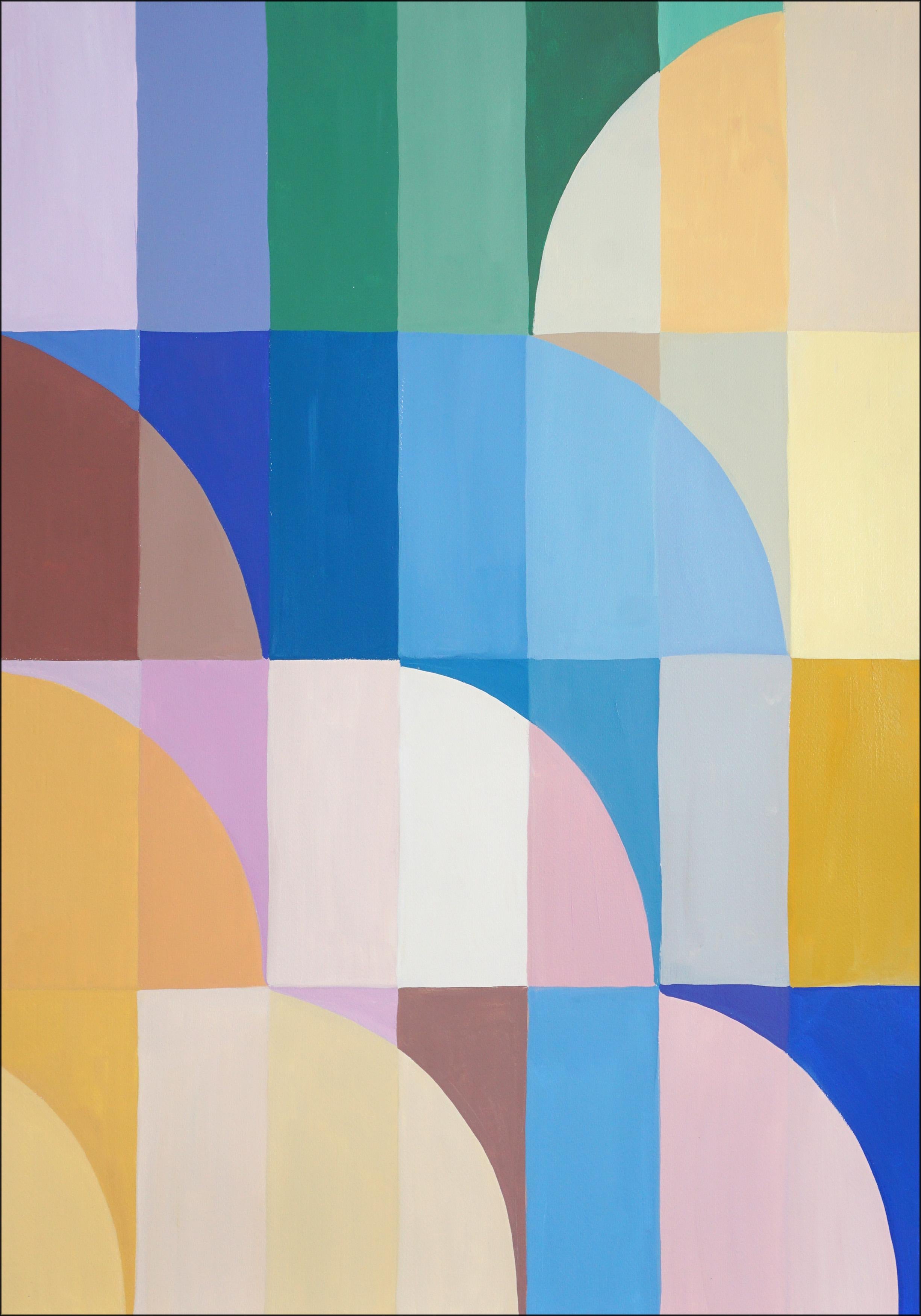 Art Deco Pastello, trittico di archi Bauhaus, motivi organici blu e gialli 1