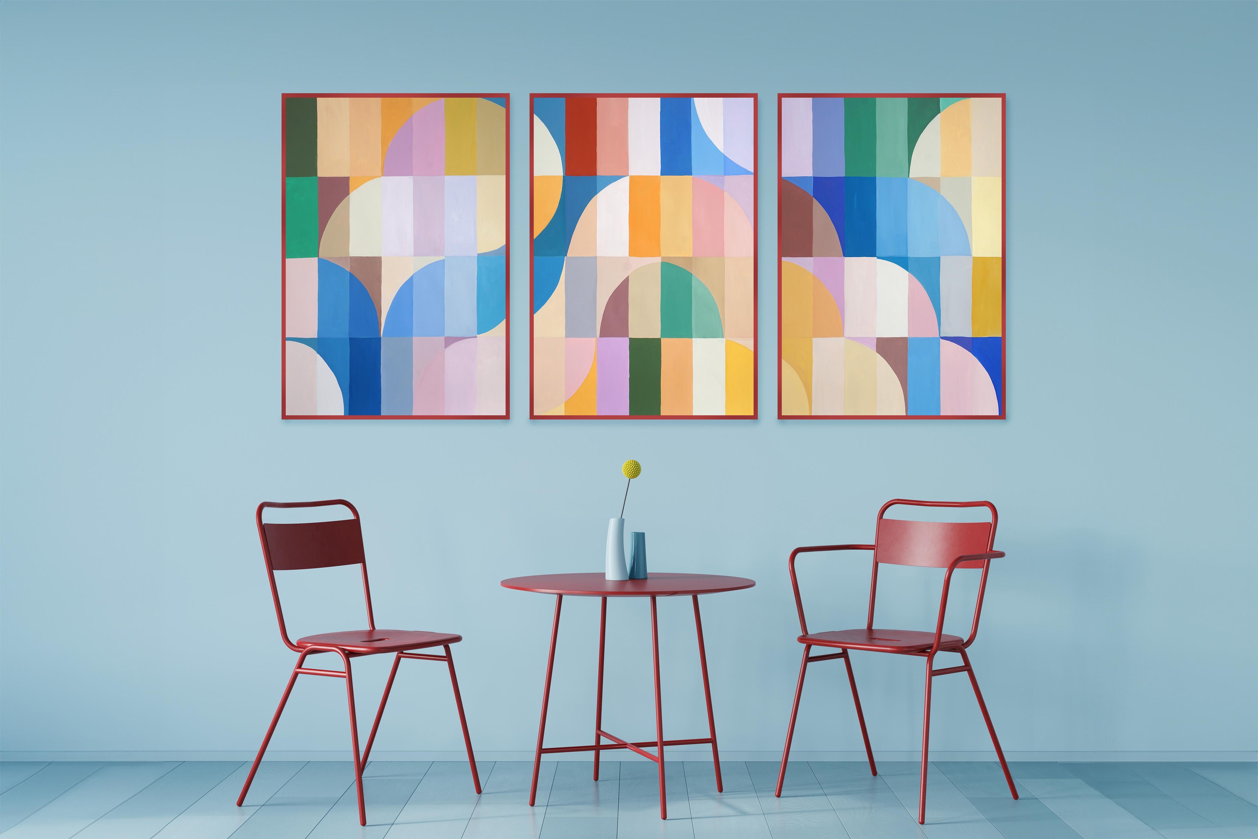 Art Deco Pastello, trittico di archi Bauhaus, motivi organici blu e gialli 2