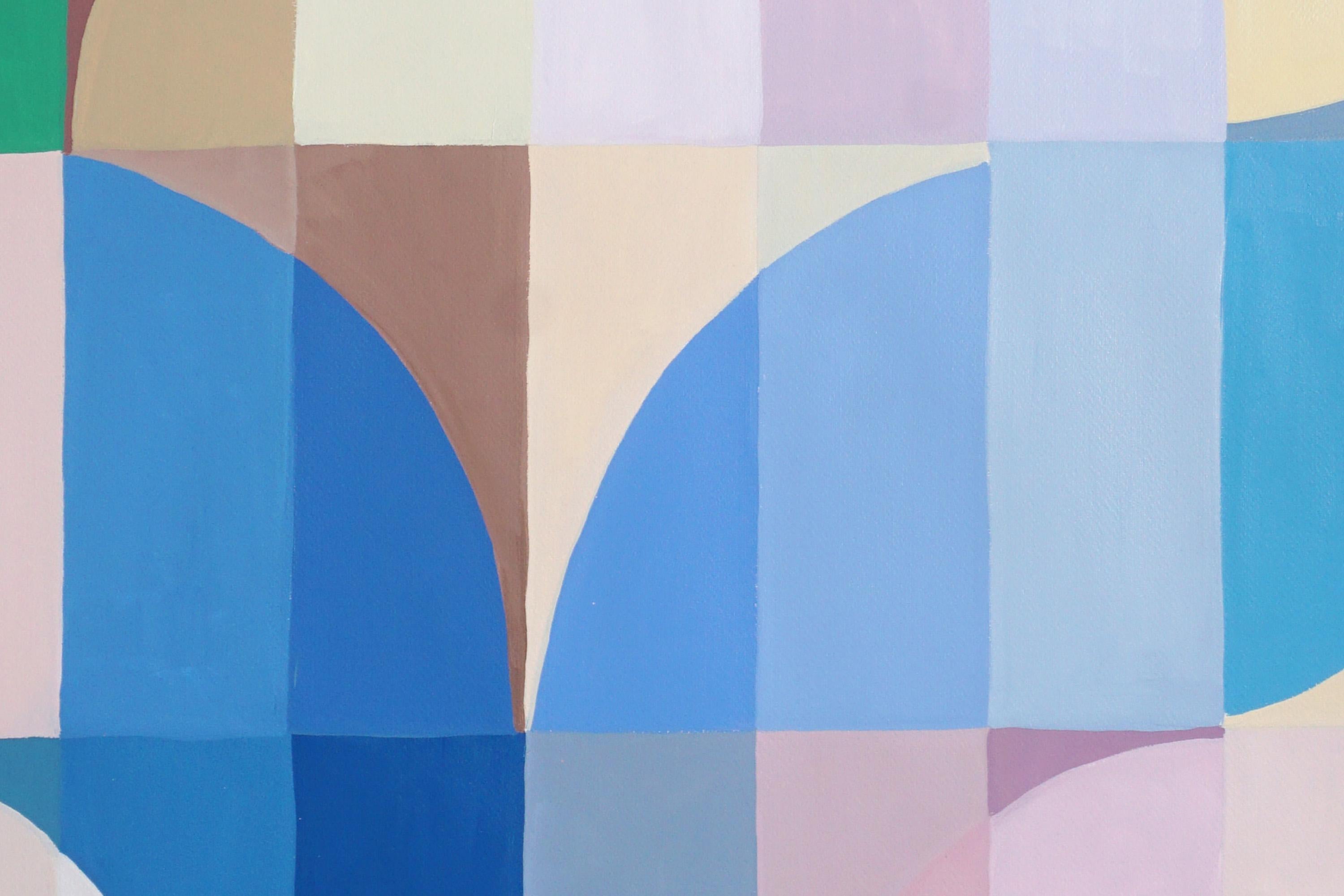 Art Deco Pastello, trittico di archi Bauhaus, motivi organici blu e gialli 4