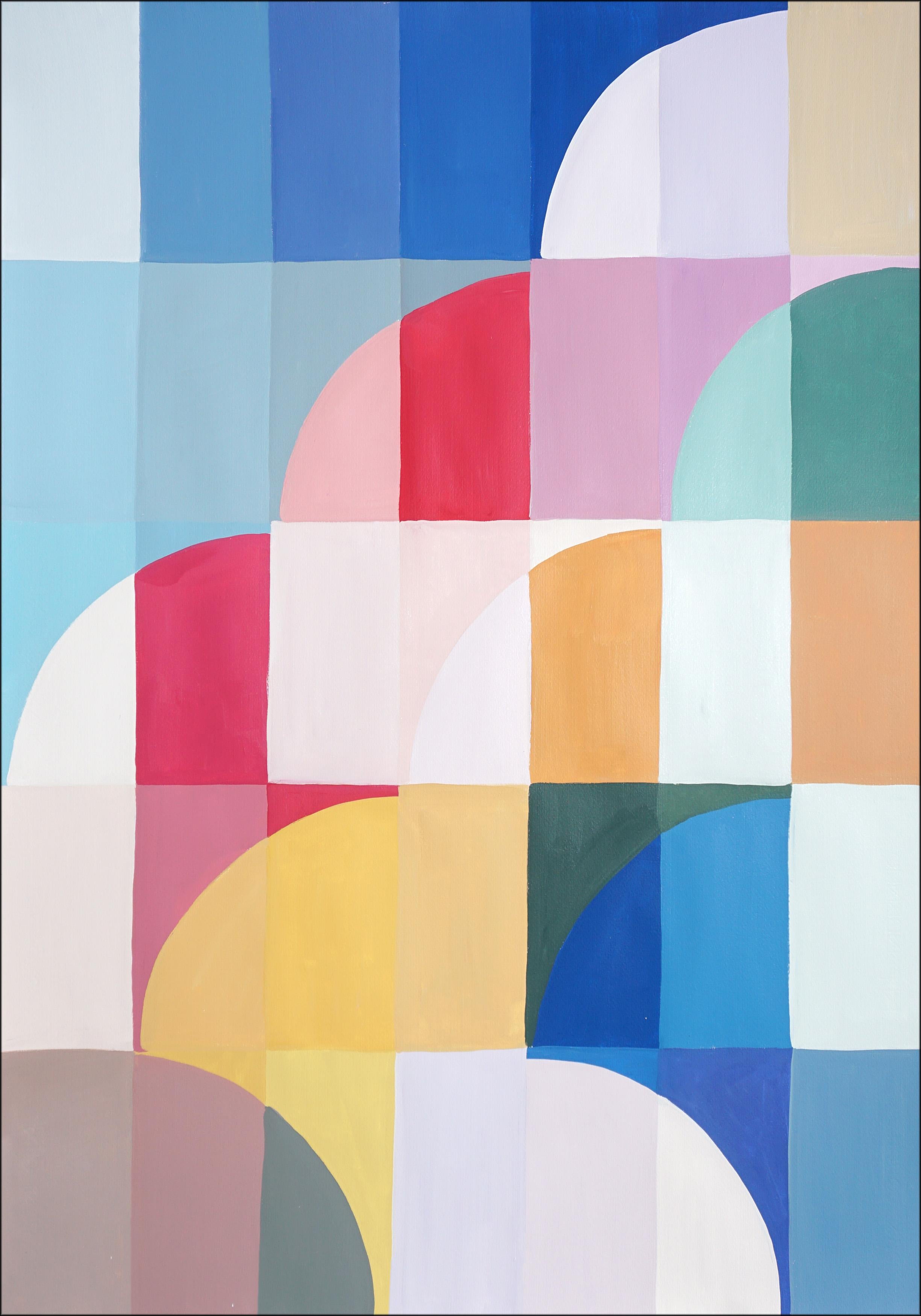 Art déco Motifs pastel, triptyque de tons primaires, parapluie courbes teinte sur papier - Contemporain Painting par Natalia Roman