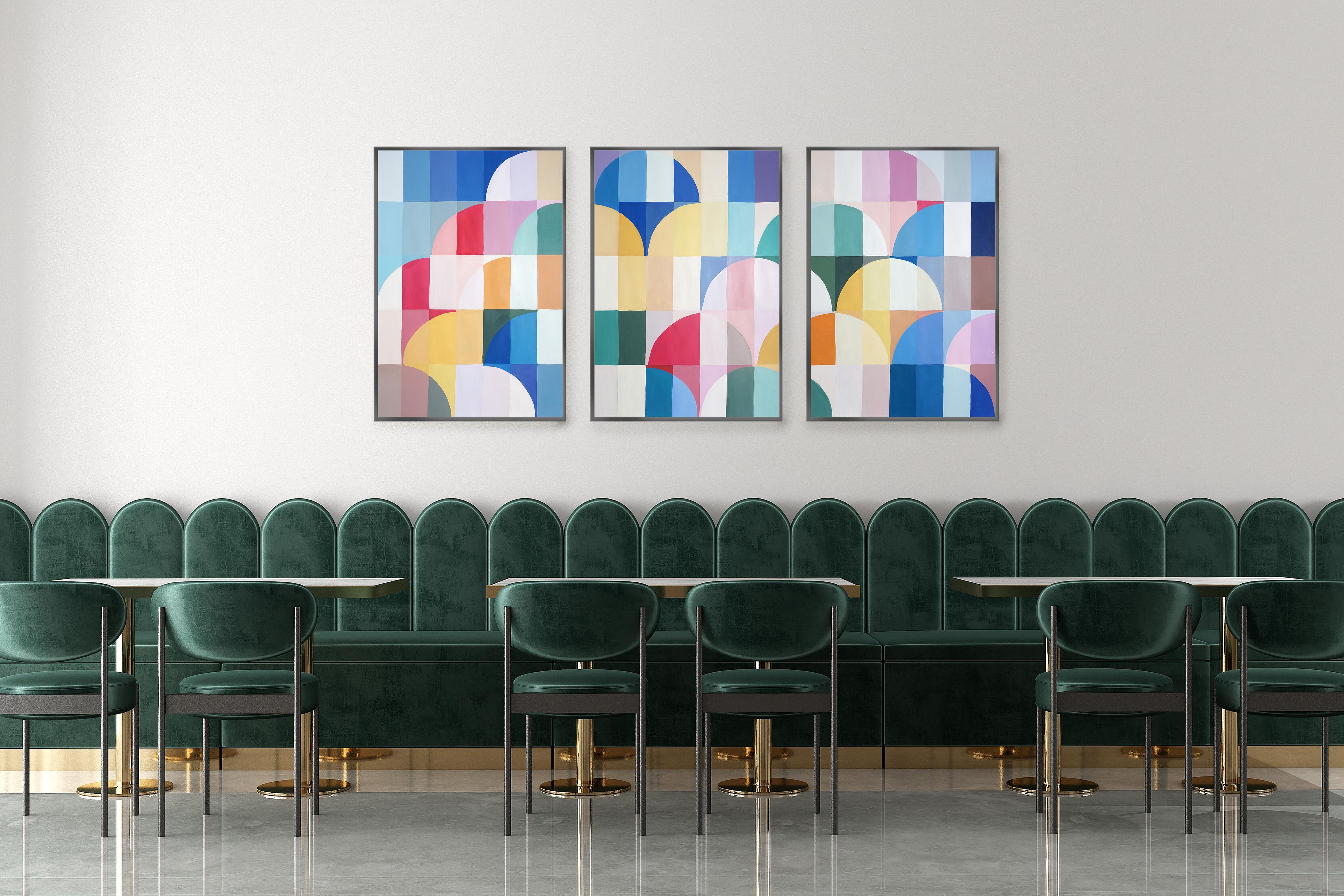 Art déco Motifs pastel, triptyque de tons primaires, parapluie courbes teinte sur papier en vente 3