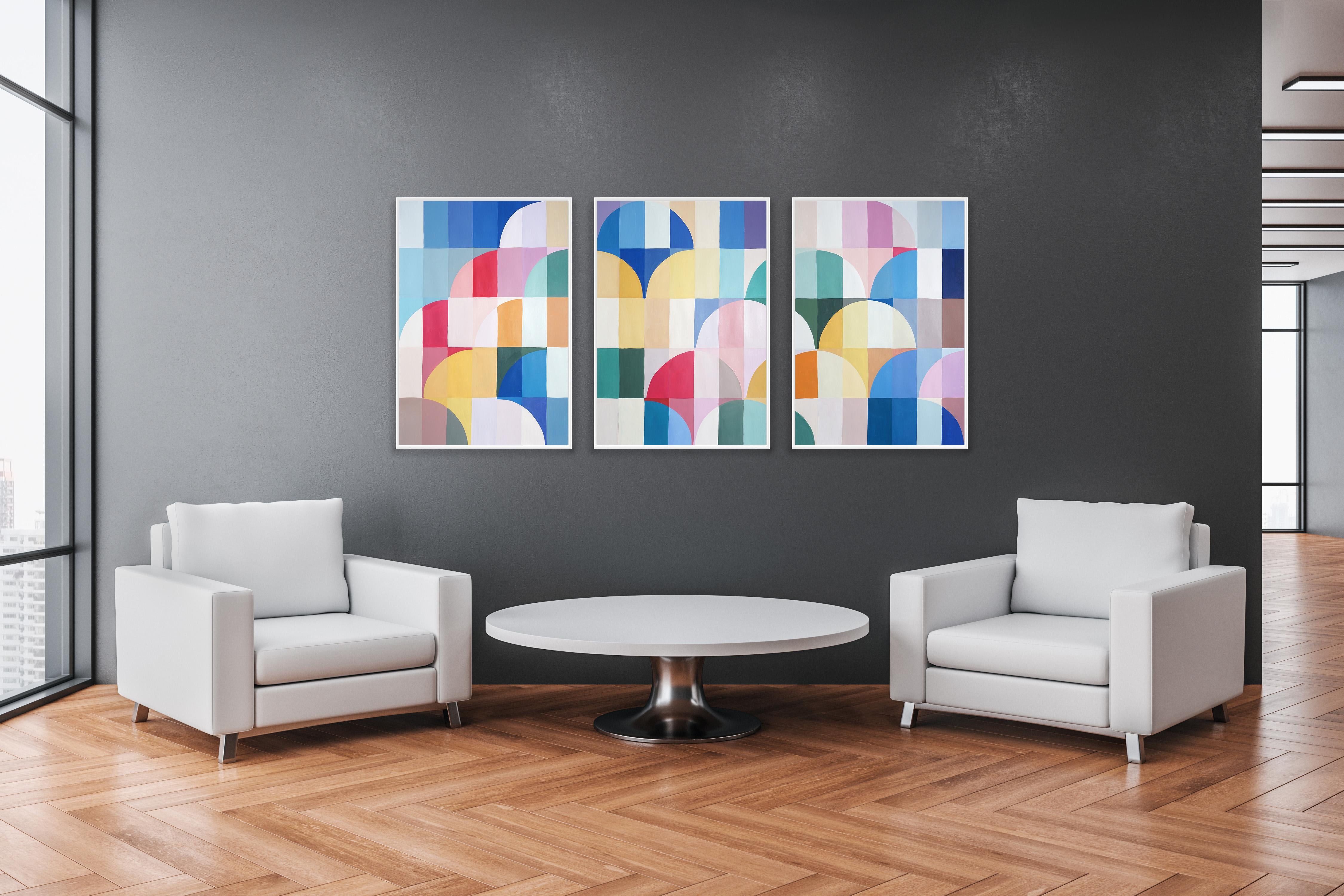 Art déco Motifs pastel, triptyque de tons primaires, parapluie courbes teinte sur papier en vente 4