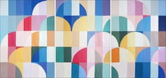 Art déco Motifs pastel, triptyque de tons primaires, parapluie courbes teinte sur papier
