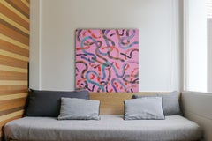 Art Deco su rosa, quadro acrilico quadrato su tela, pennellata turchese