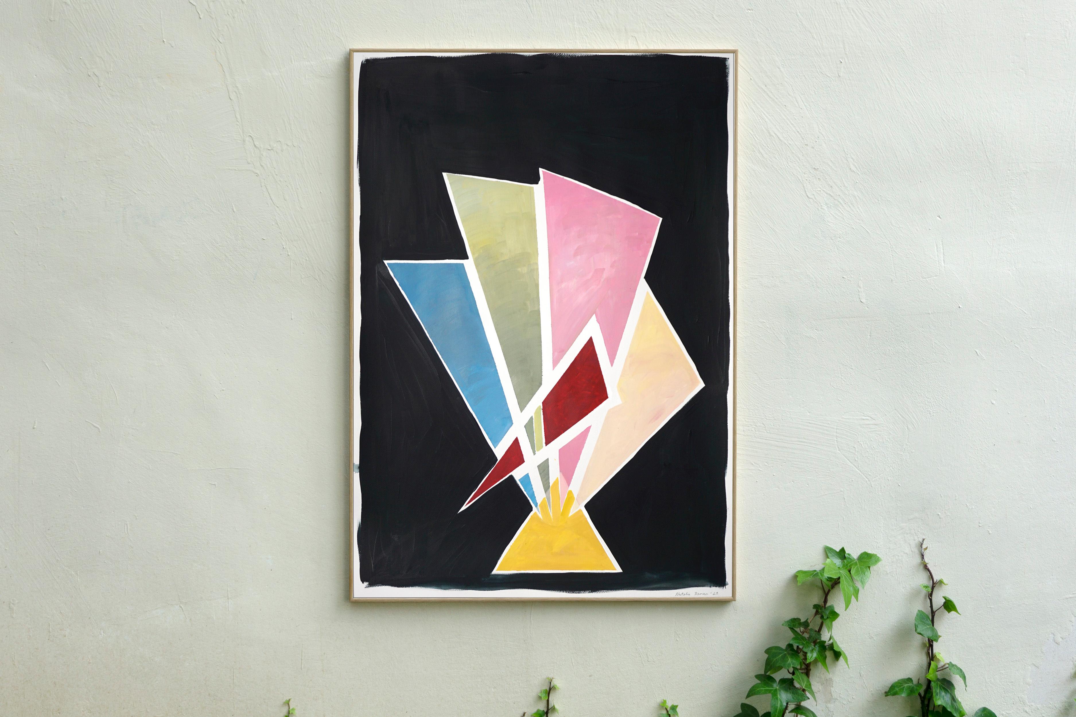 Art Deco Trophy, Pastel Tones Geometric Painting on Black Background, Triangles 1