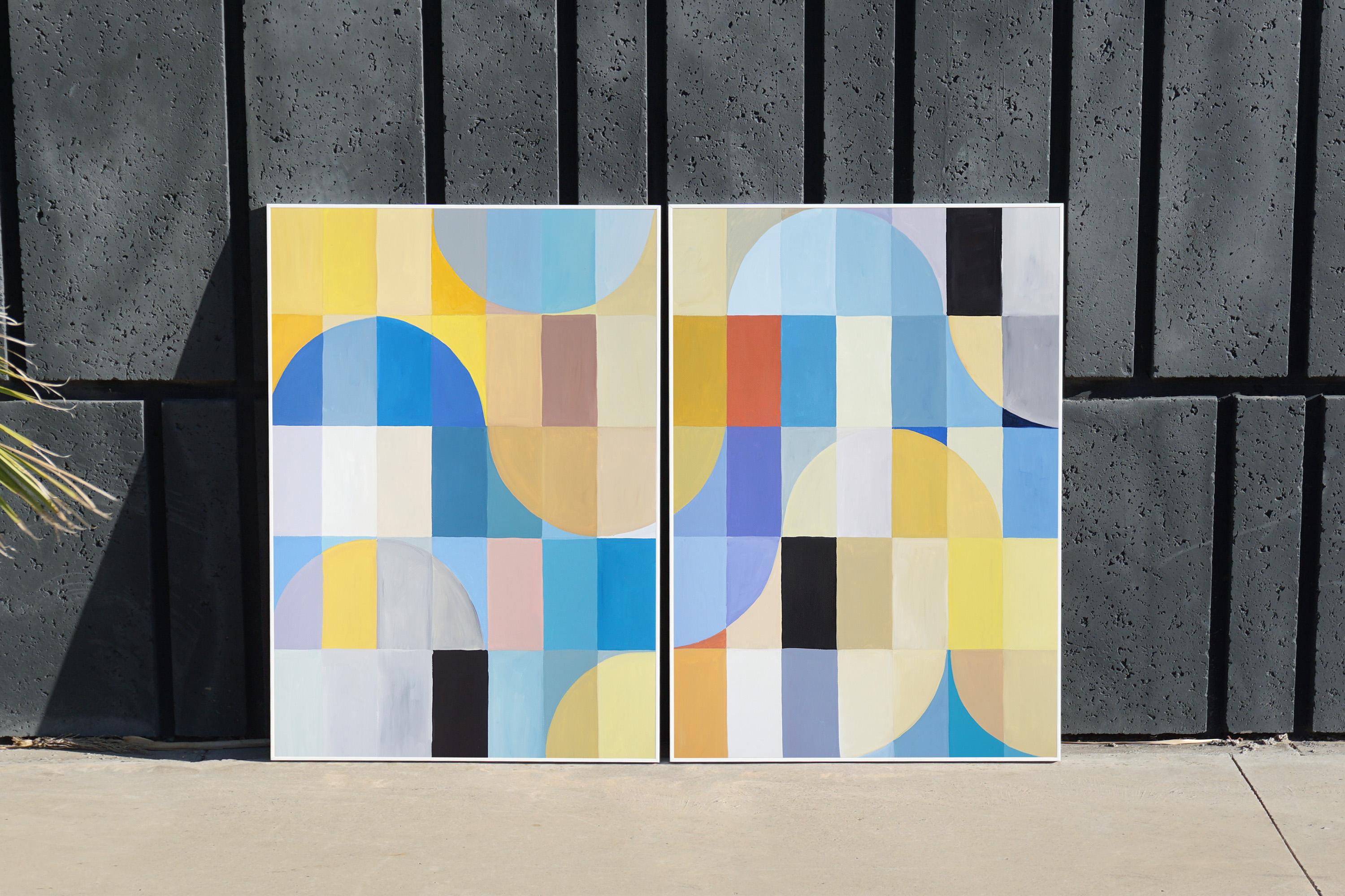 Mare estivo di Atrani, Blu, Giallo Paesaggio geometrico astratto Griglia Dittico vivace - Painting di Natalia Roman