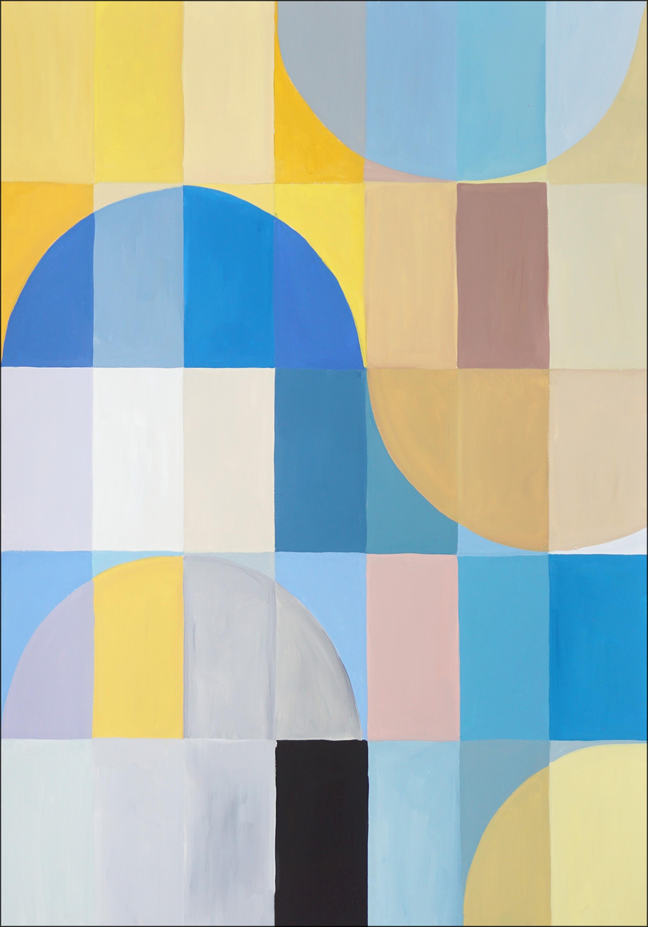 Atrani Summer Seas, Blue, Yellow Abstract Geometric Landscape Grid Vivid Diptych For Sale 2