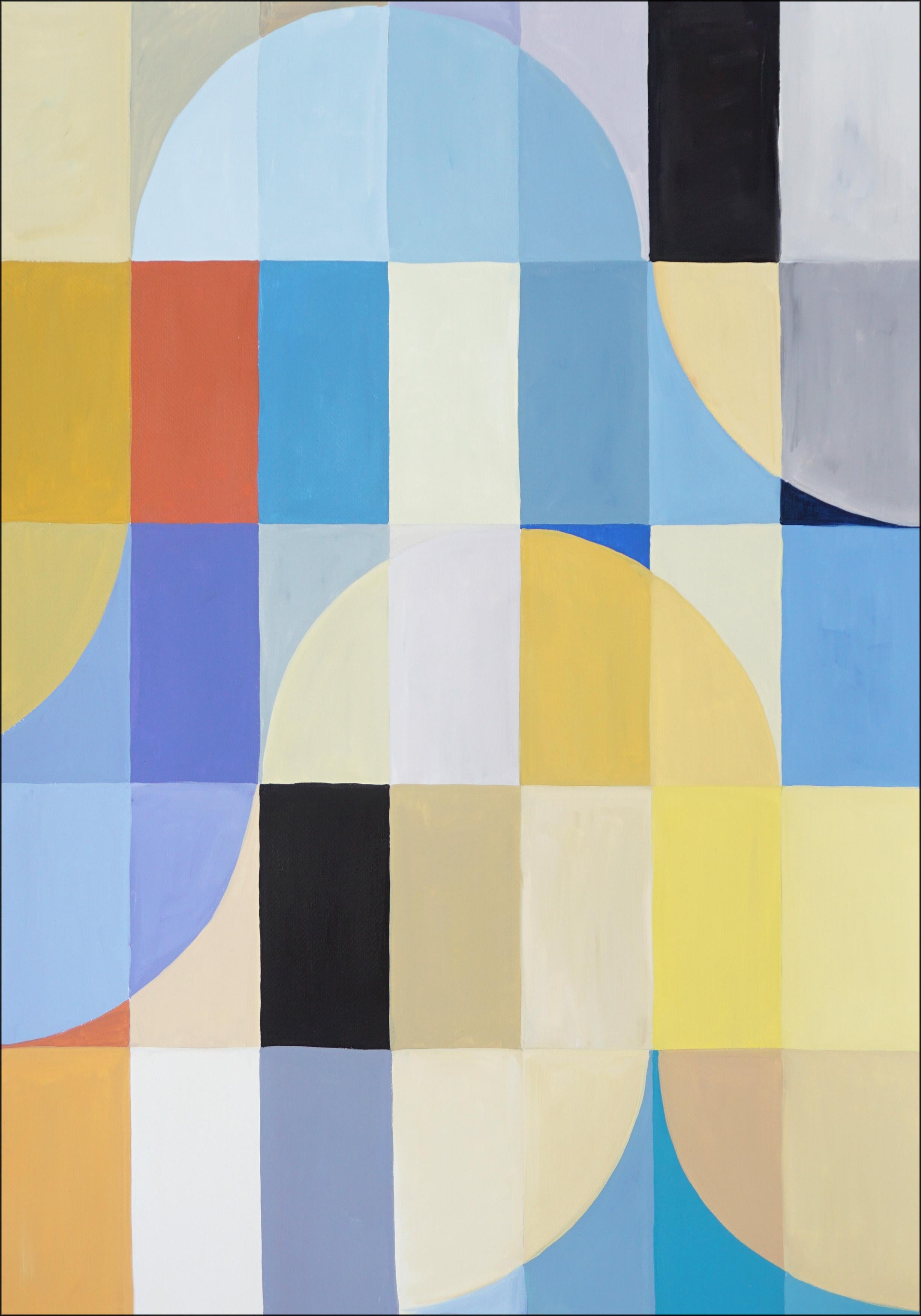 Atrani Summer Seas, Blue, Yellow Abstract Geometric Landscape Grid Vivid Diptych For Sale 3