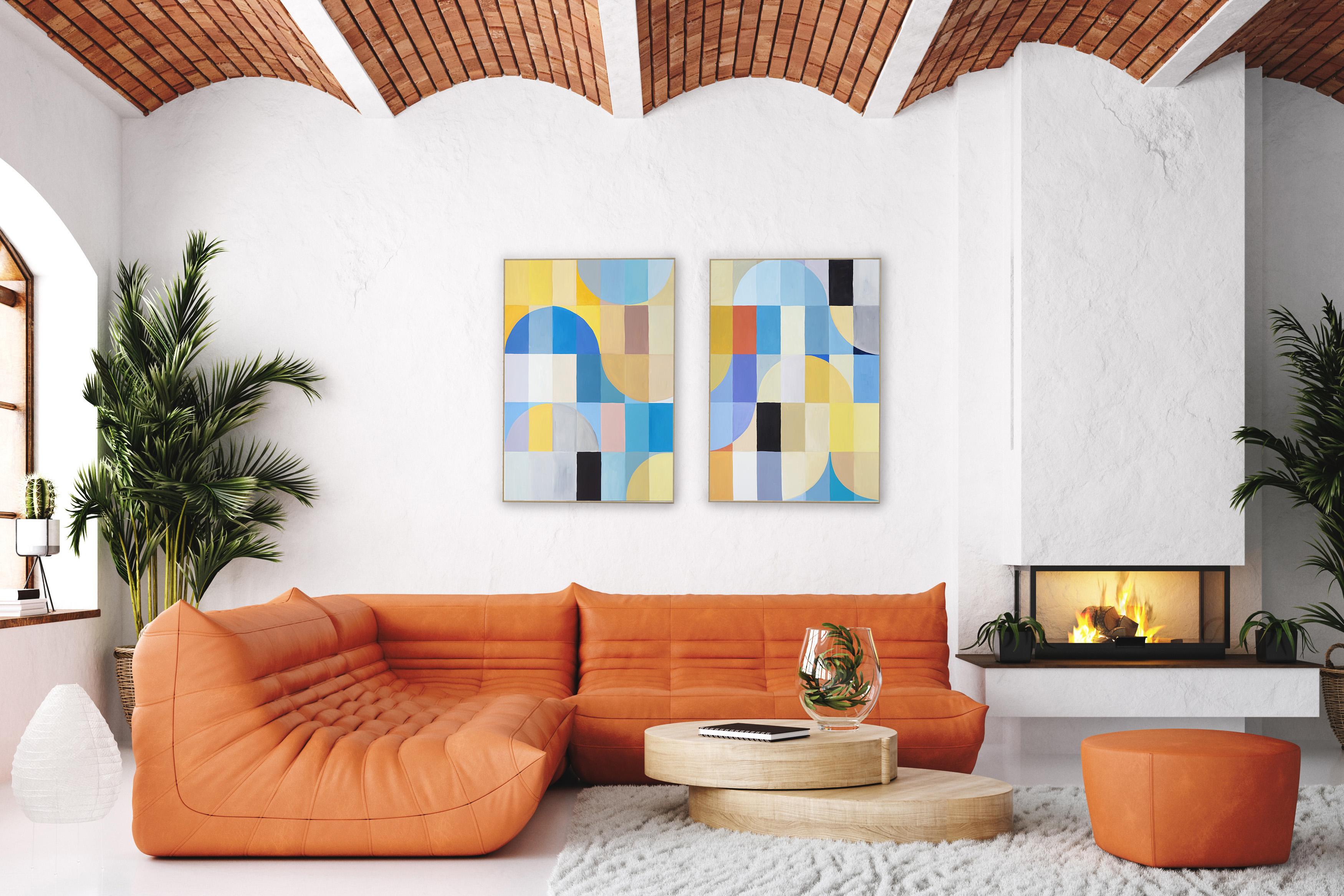 Atrani Summer Seas, Blue, Yellow Abstract Geometric Landscape Grid Vivid Diptych For Sale 4