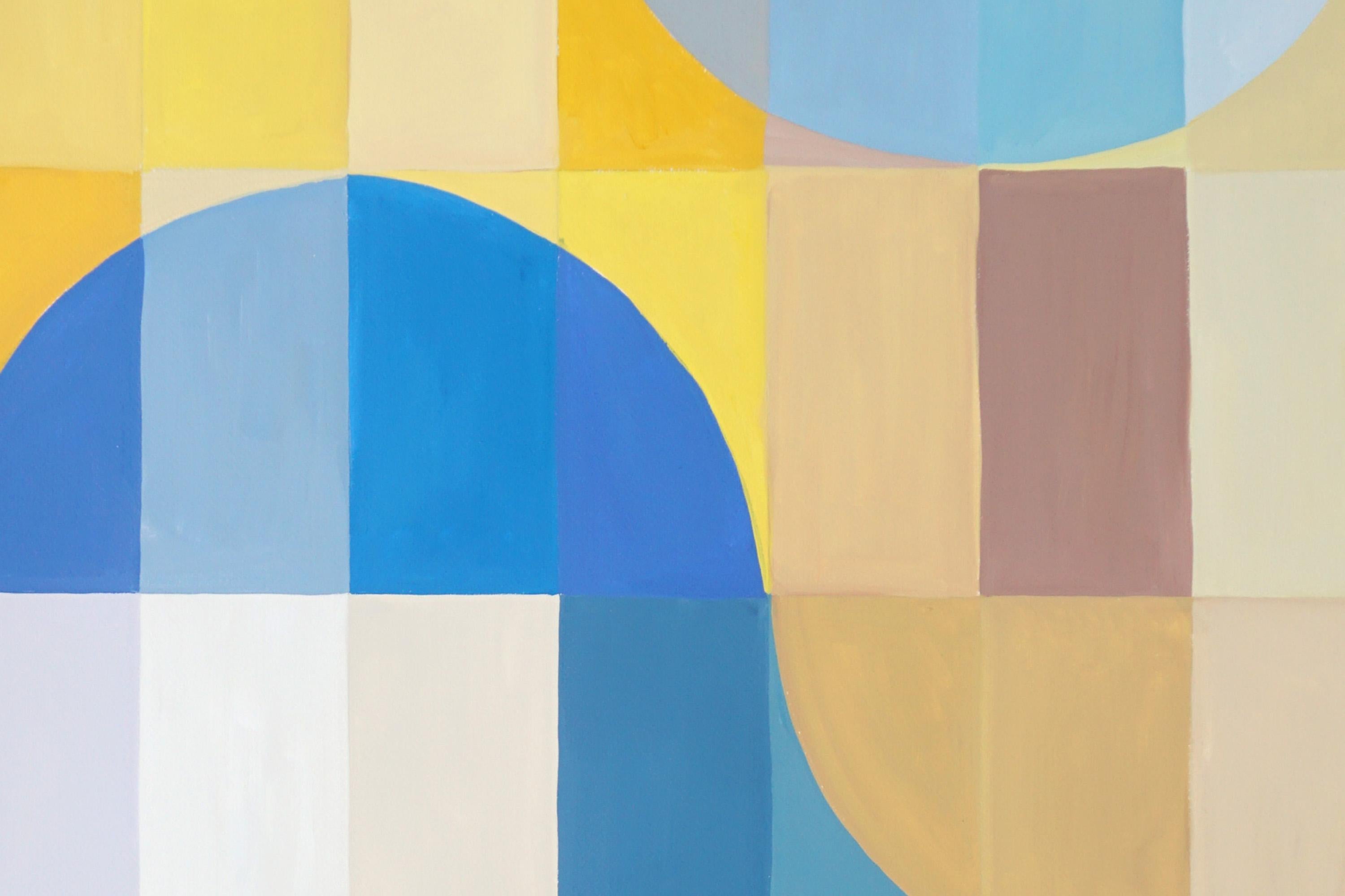 Atrani Summer Seas, Blue, Yellow Abstract Geometric Landscape Grid Vivid Diptych For Sale 5