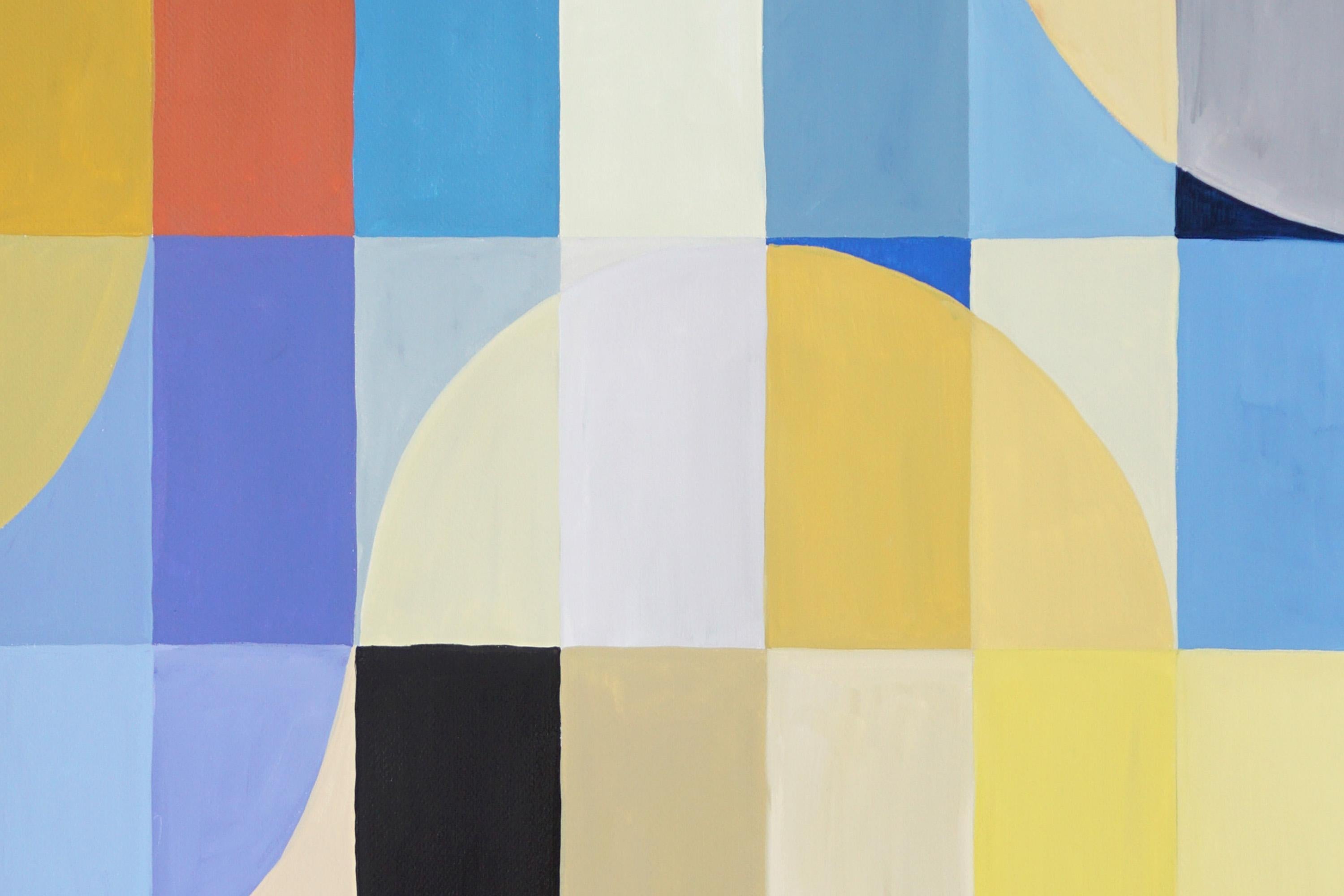 Atrani Summer Seas, Blue, Yellow Abstract Geometric Landscape Grid Vivid Diptych For Sale 6