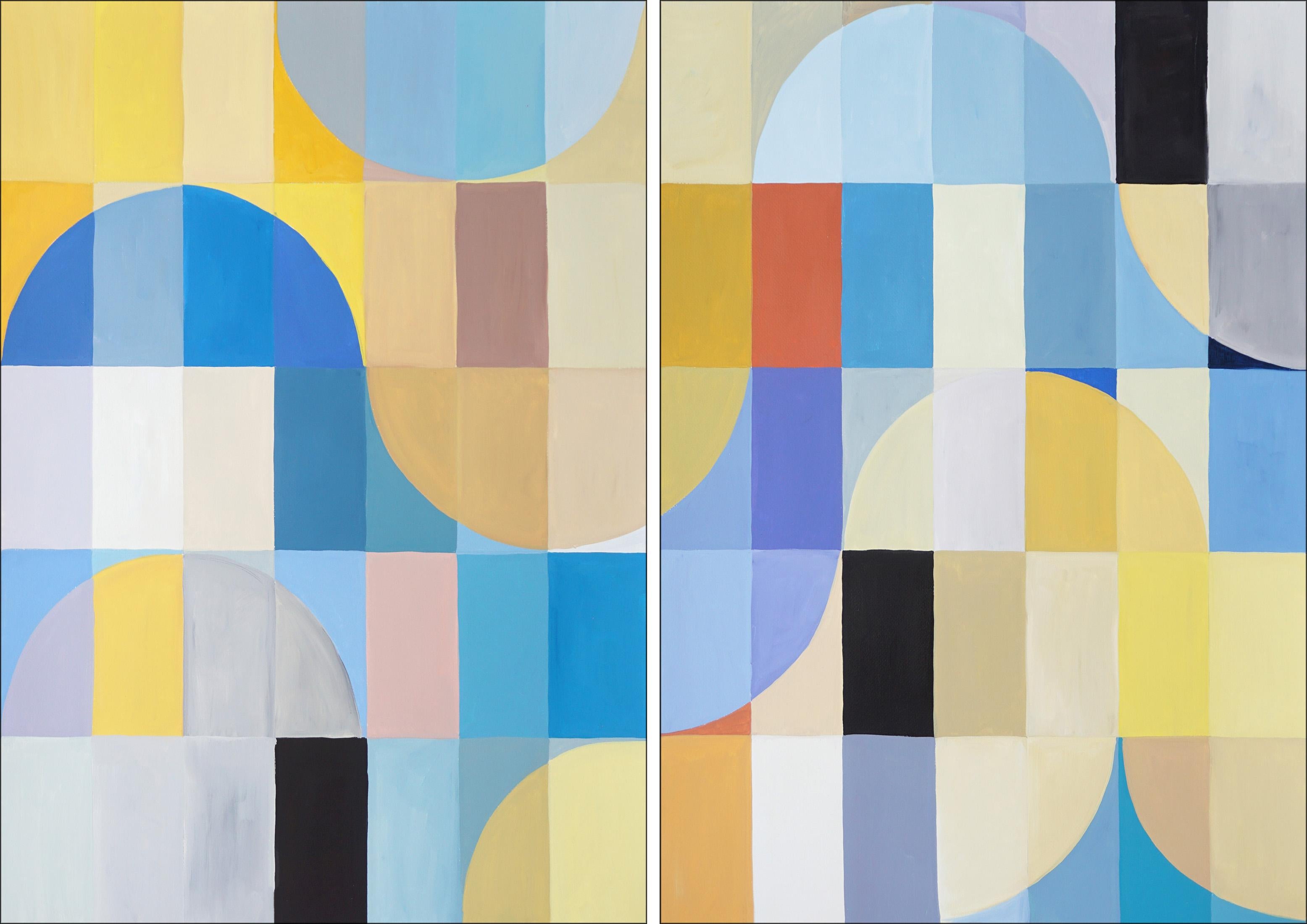 Natalia Roman Landscape Painting – Atrani Sommer Meere, Blau, Gelb Abstrakte Geometrische Landschaft Grid Vivid Diptychon