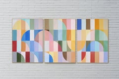 Autumn Tones Bauhaus Mosaic Geometric Triptych, Abstract Landscape Pastel Tones