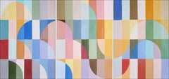 Tríptico Geométrico Mosaico Bauhaus Tonos Otoño, Paisaje Abstracto Tonos Pastel