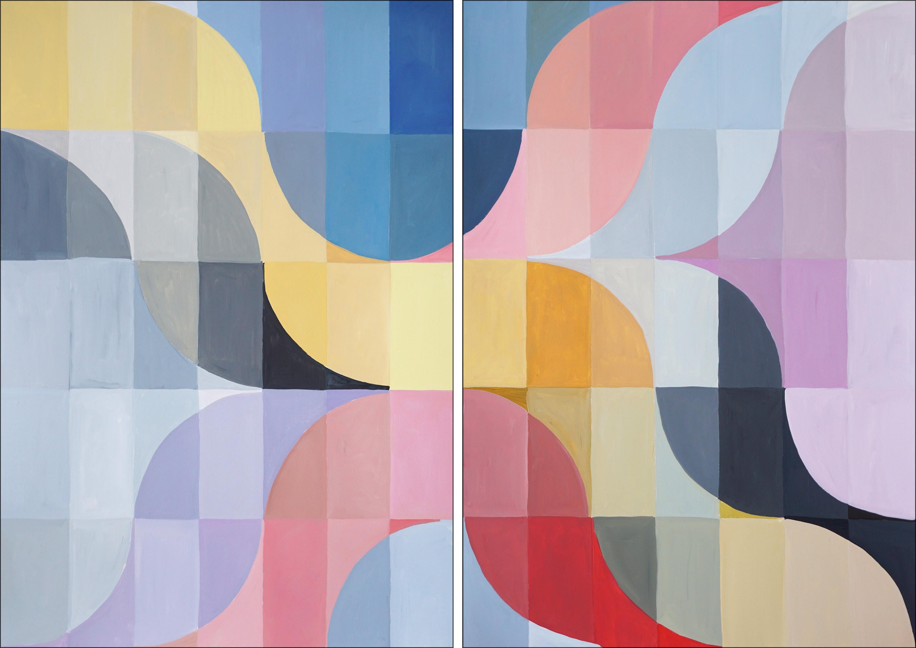 Natalia Roman Abstract Painting - Autumn Twilight, Mosaic Diptych in Pin and Blue Grid, Geometric Bauhaus Tiles