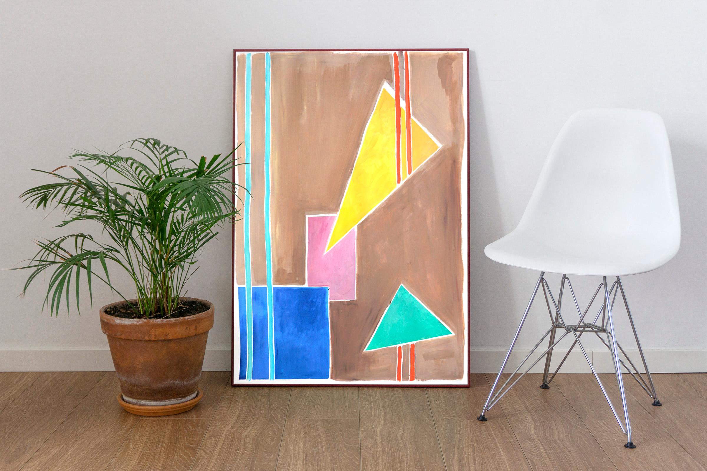 Balanced Geometry I, Primary Pastel Tones, Shapes and Lines on Tan Background - Painting by Natalia Roman