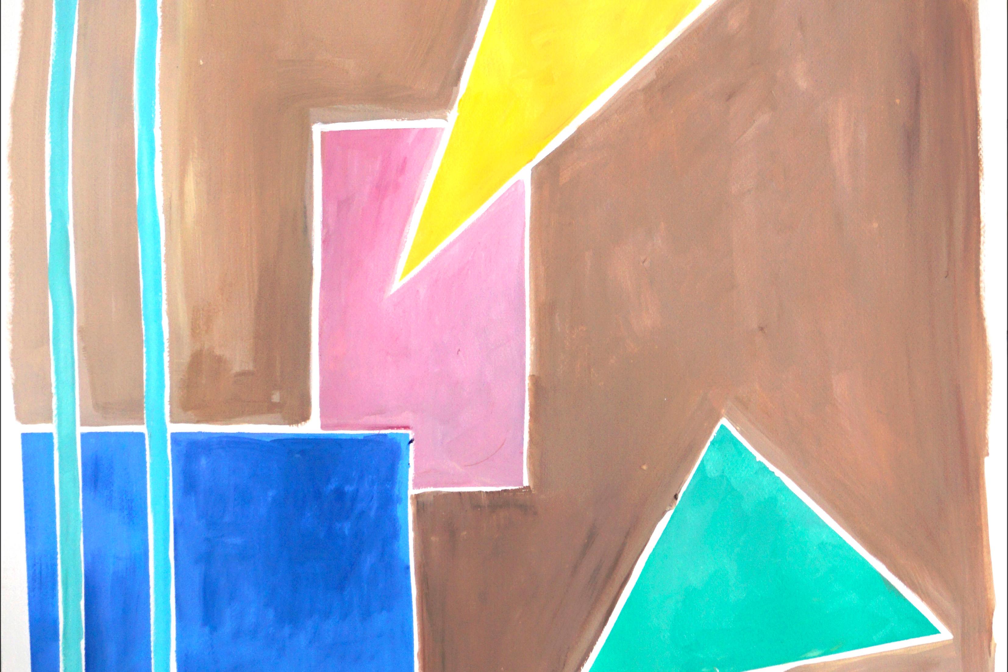 Balanced Geometrie I, Primär pastellfarbene Töne, Formen und Linien auf hellbraunem Hintergrund (Beige), Still-Life Painting, von Natalia Roman