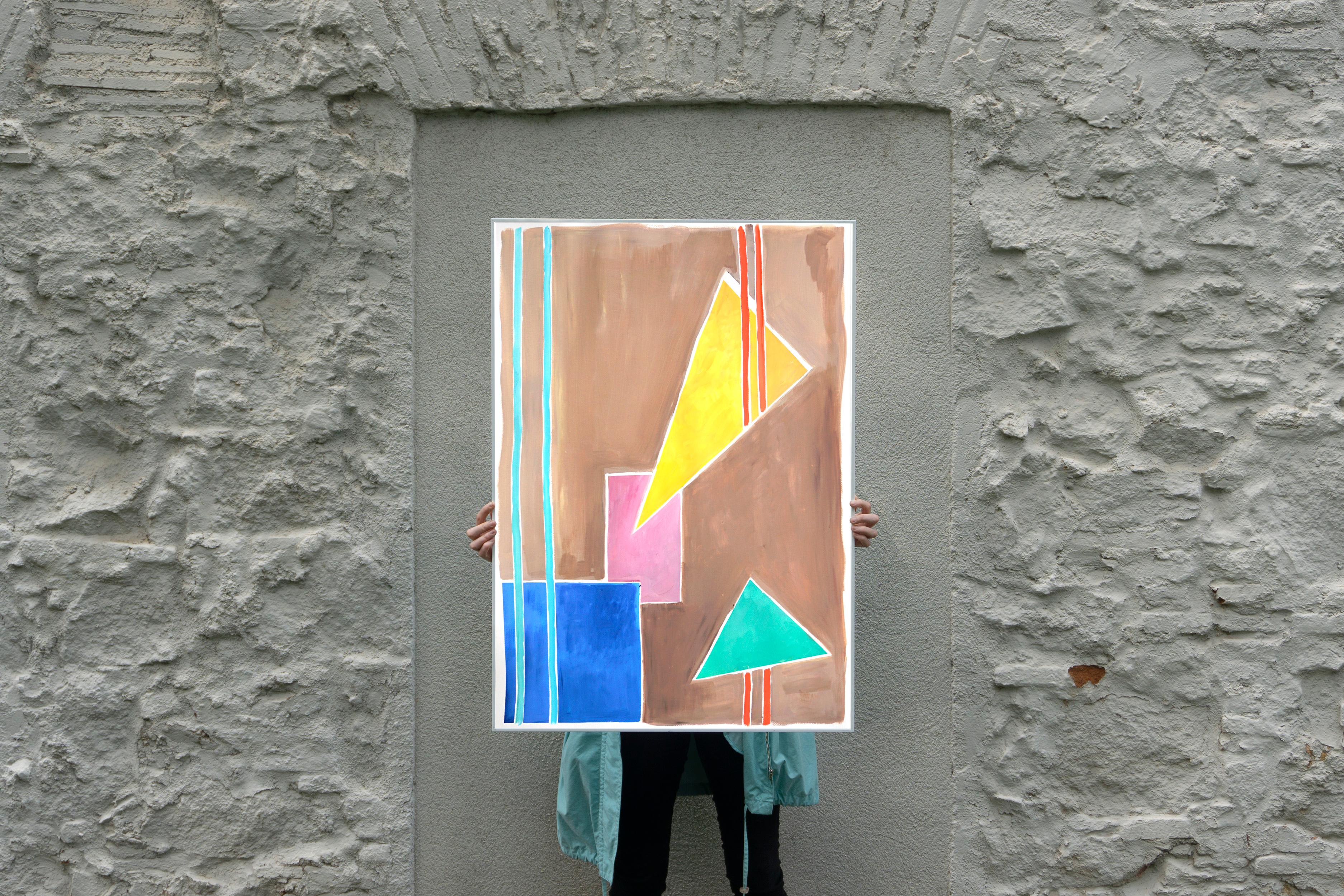 Balanced Geometry I, Primary Pastel Tones, Shapes and Lines on Tan Background - Constructivist Painting by Natalia Roman