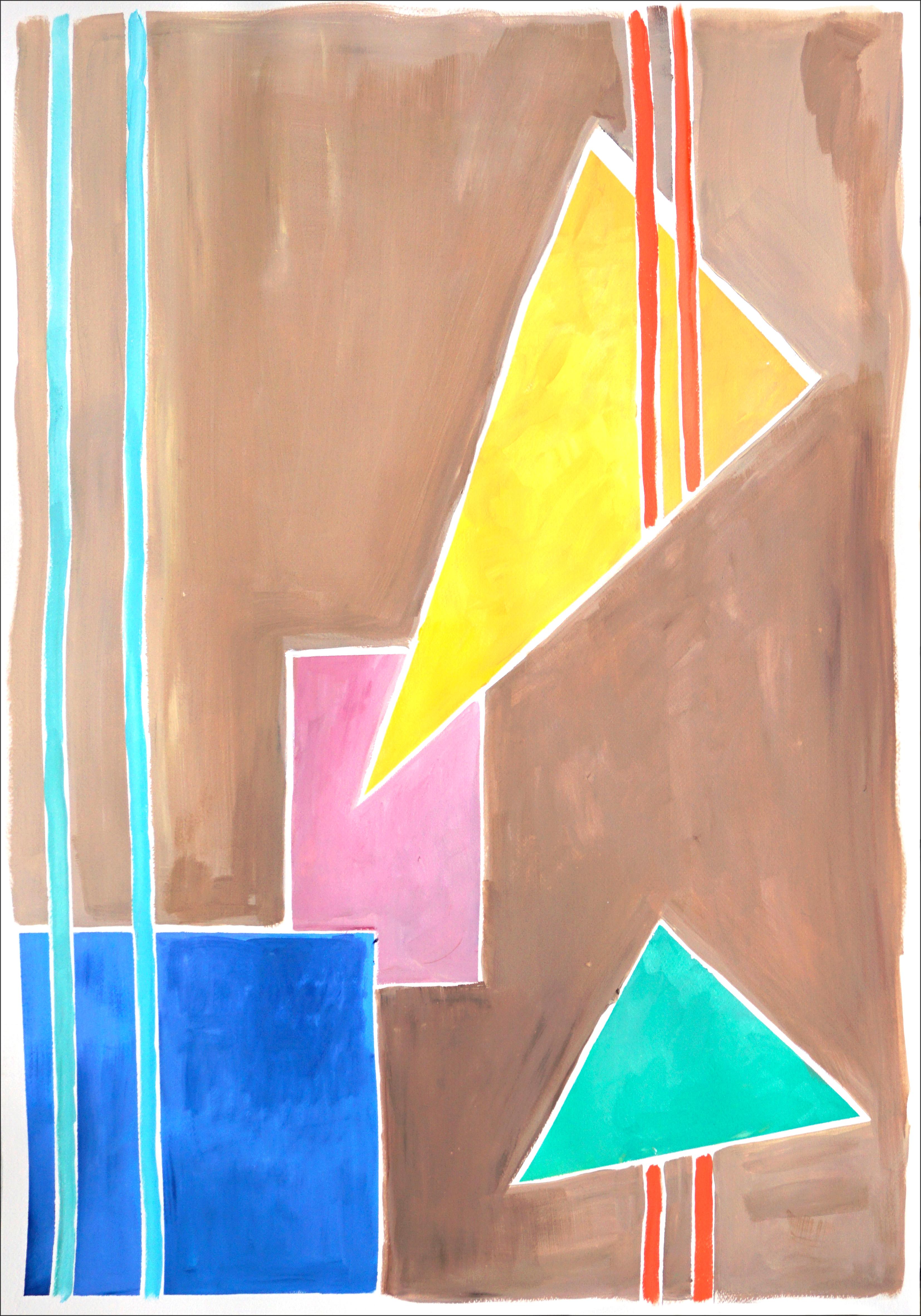 Natalia Roman Still-Life Painting – Balanced Geometrie I, Primär pastellfarbene Töne, Formen und Linien auf hellbraunem Hintergrund