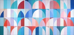 Bauhaus Bright Summer, Painting Triptych, Turquoise Architectural Patterns Grid