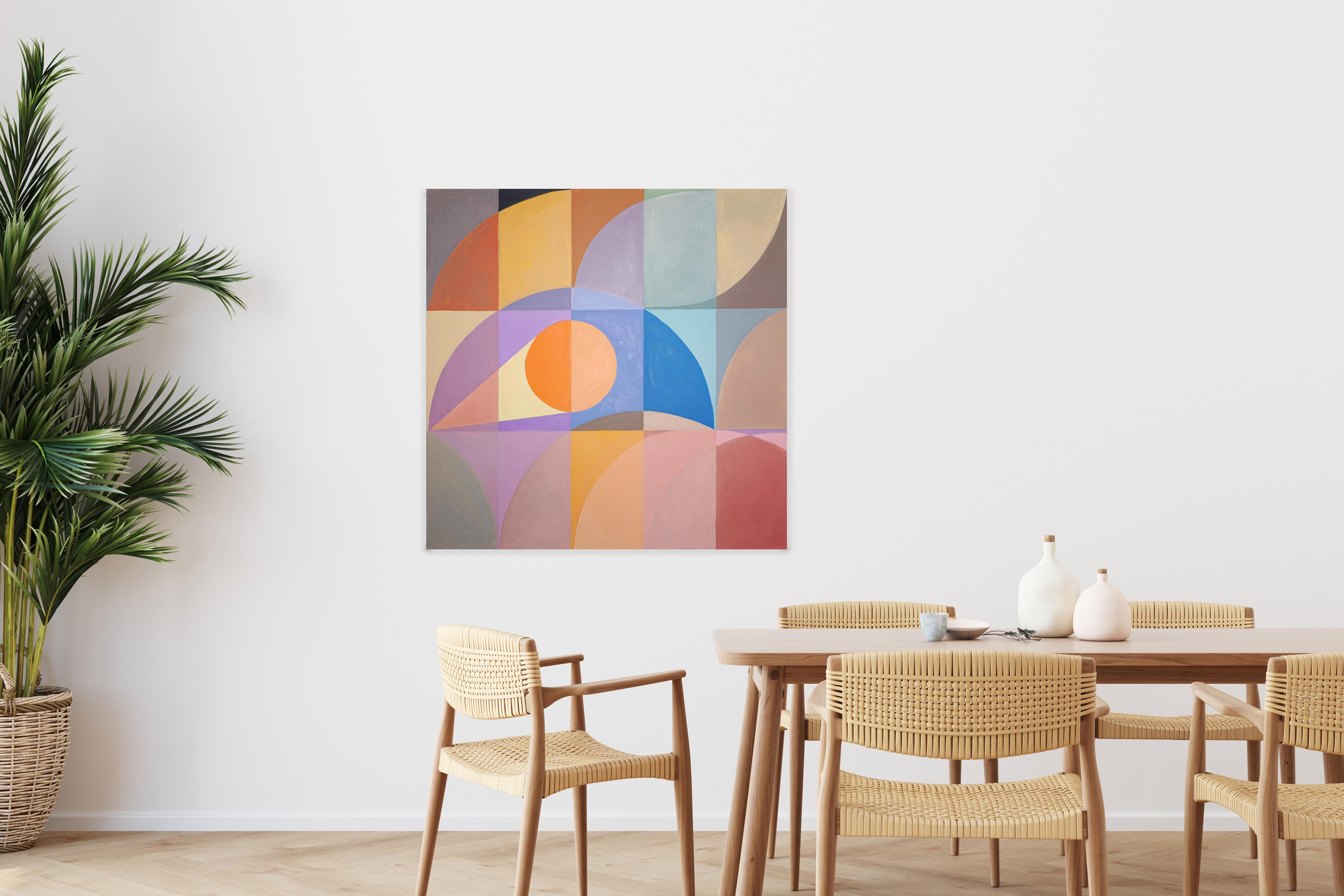 Quadratischer Bauhaus-Wüsten Eclipse, Gemälde Gitter, Erdtöne, Sandtöne, Dünen – Painting von Natalia Roman