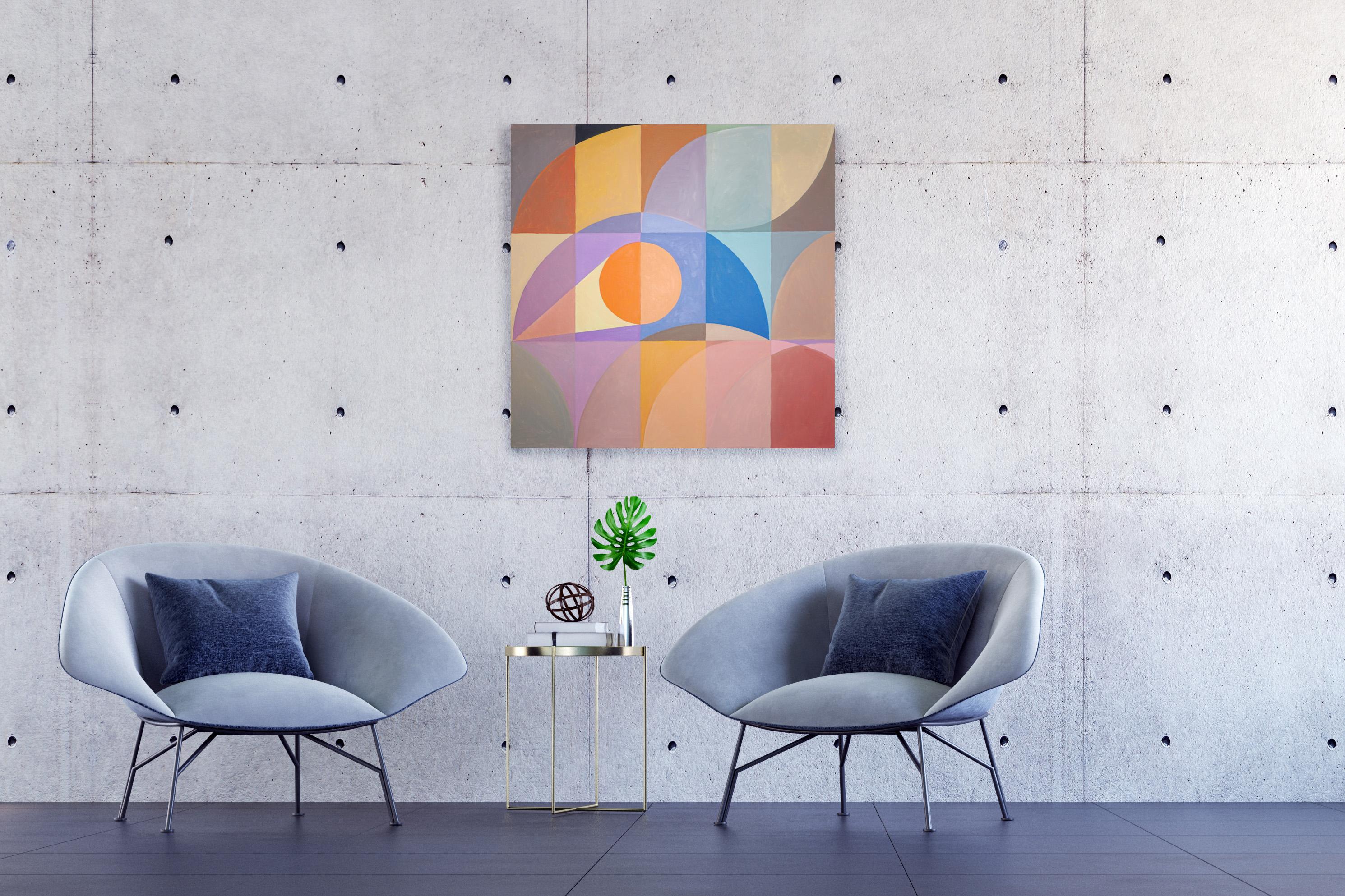 Quadratischer Bauhaus-Wüsten Eclipse, Gemälde Gitter, Erdtöne, Sandtöne, Dünen (Braun), Abstract Painting, von Natalia Roman