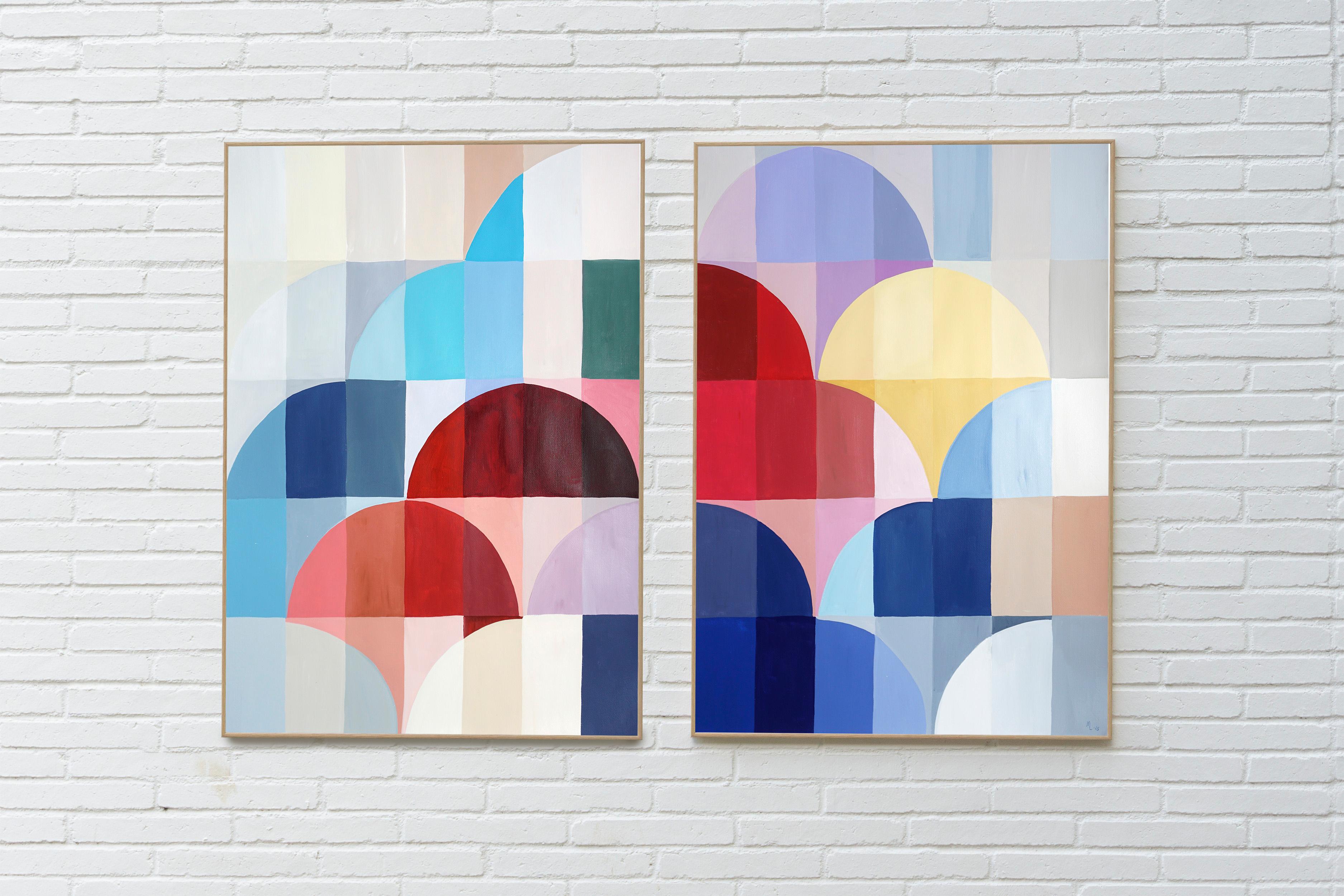 Bauhaus Gems, Chromatic Architecture Diptych, Red, Blue Geometric Balloons Paper - Painting by Natalia Roman