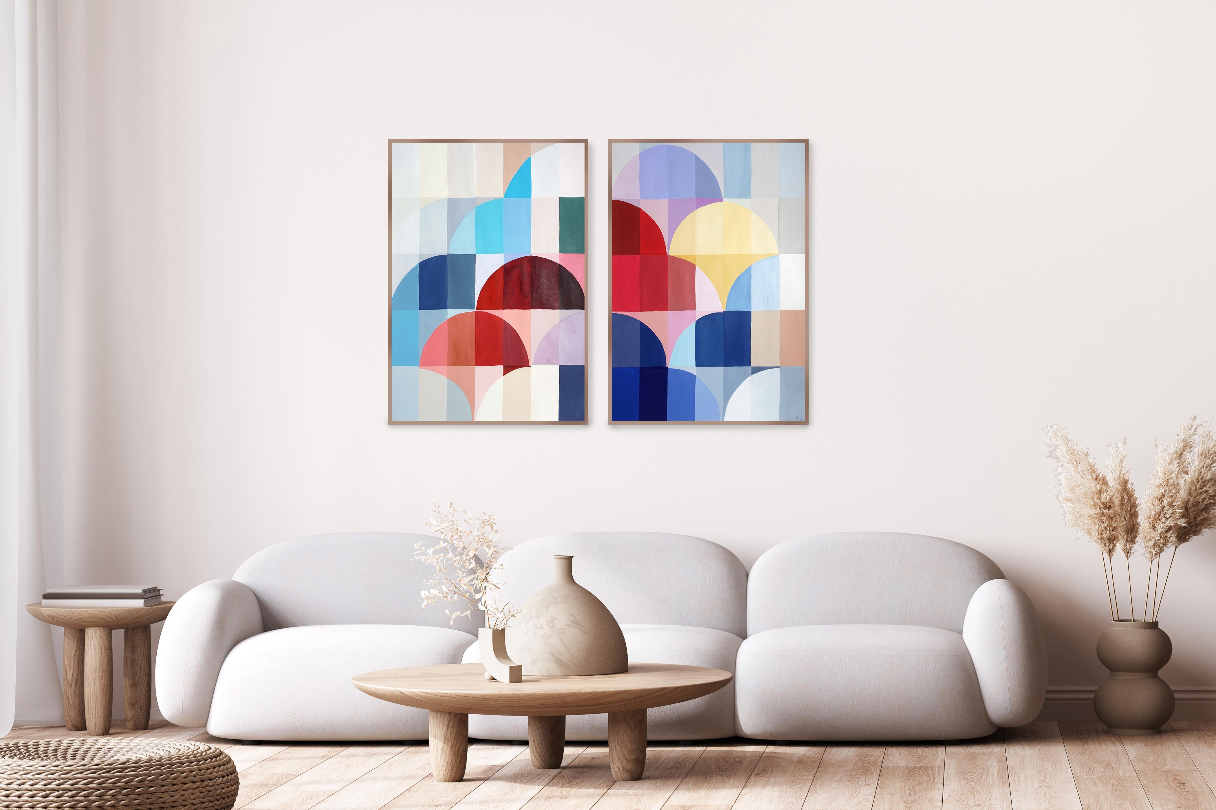 Bauhaus Gems, Chromatic Architecture Diptych, Red, Blue Geometric Balloons Paper - Art Deco Painting by Natalia Roman