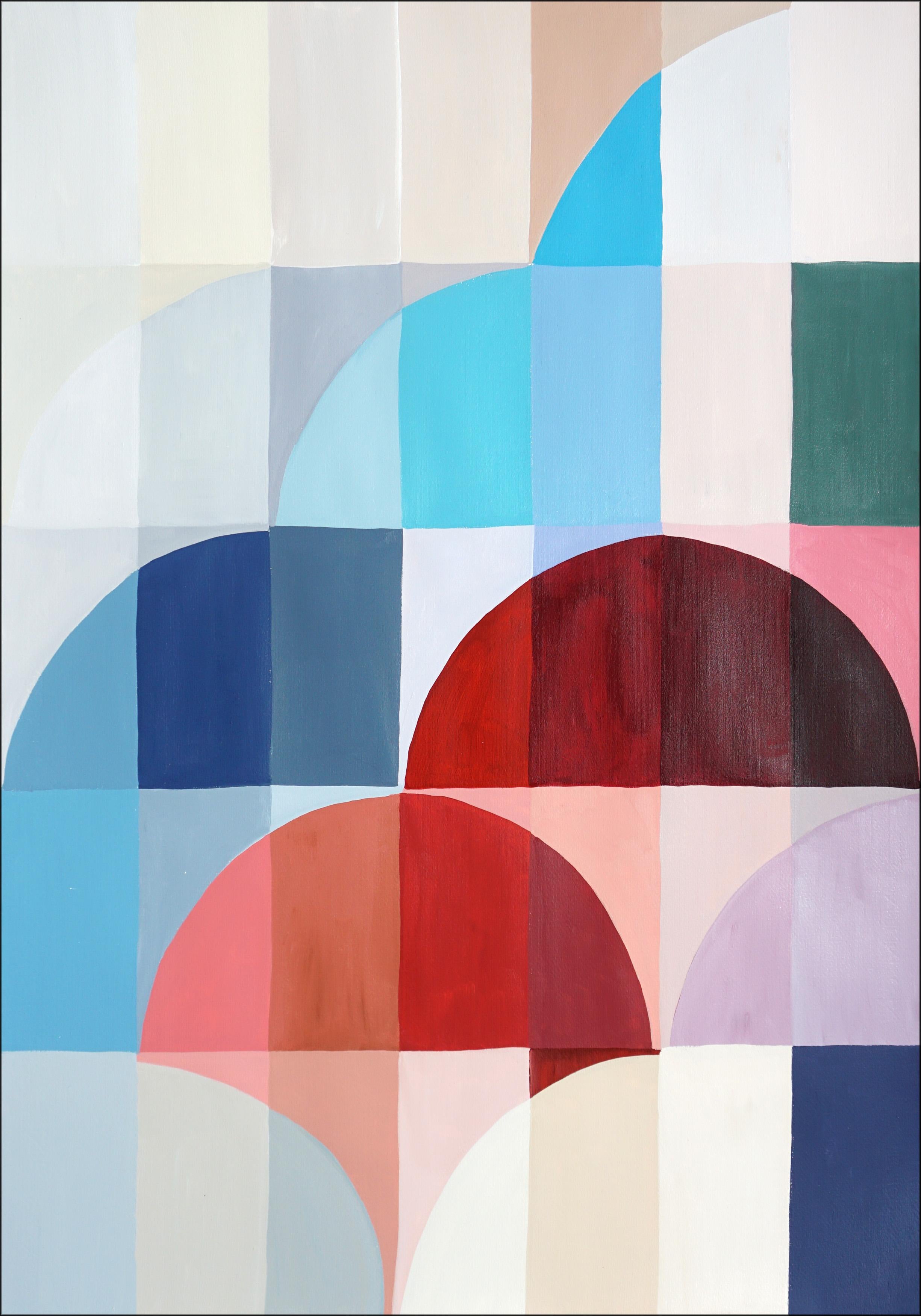 Bauhaus Gems, Chromatic Architecture Diptych, Red, Blue Geometric Balloons Paper - Gray Landscape Painting by Natalia Roman