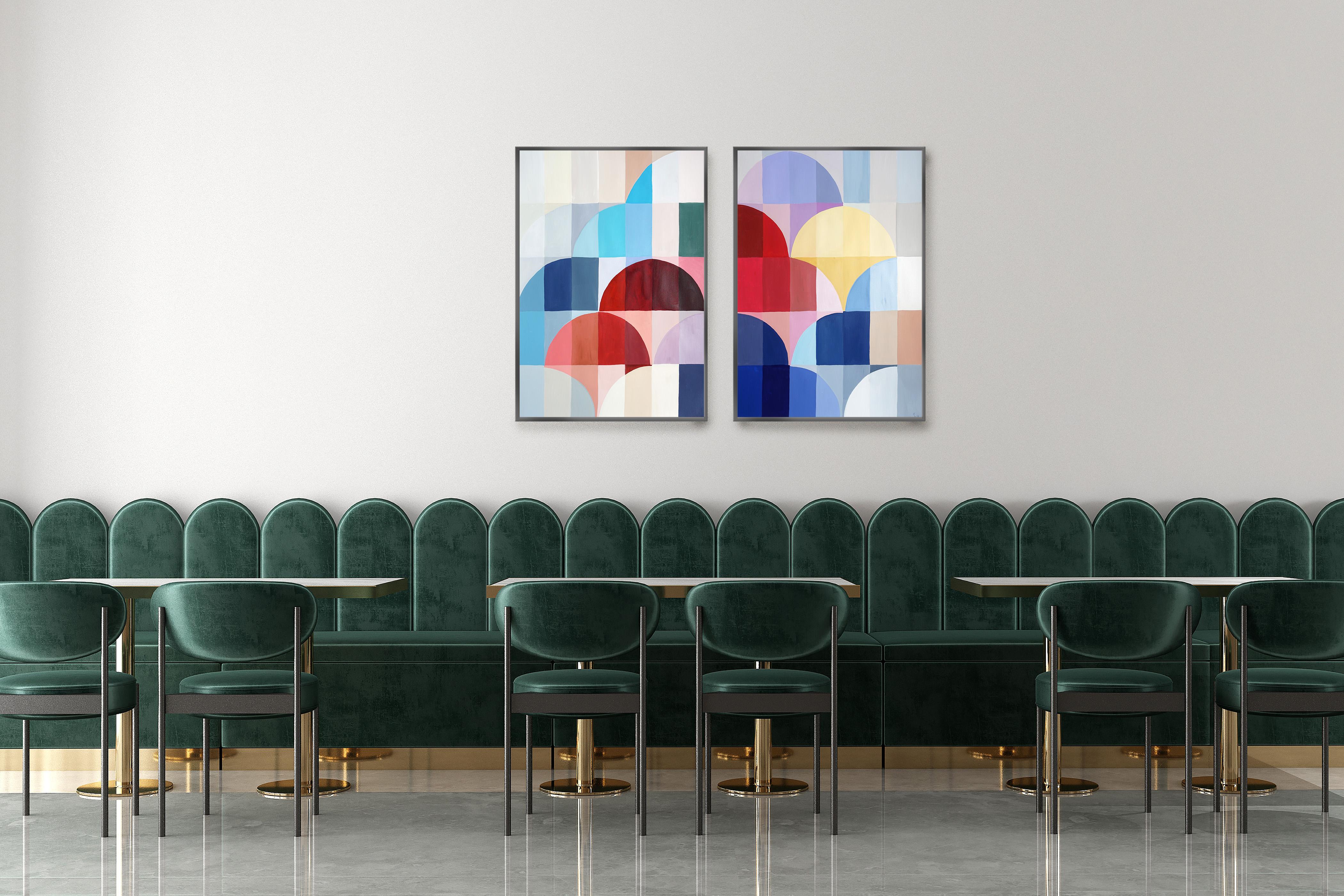Bauhaus Gems, Chromatic Architecture Diptych, Red, Blue Geometric Balloons Paper For Sale 1