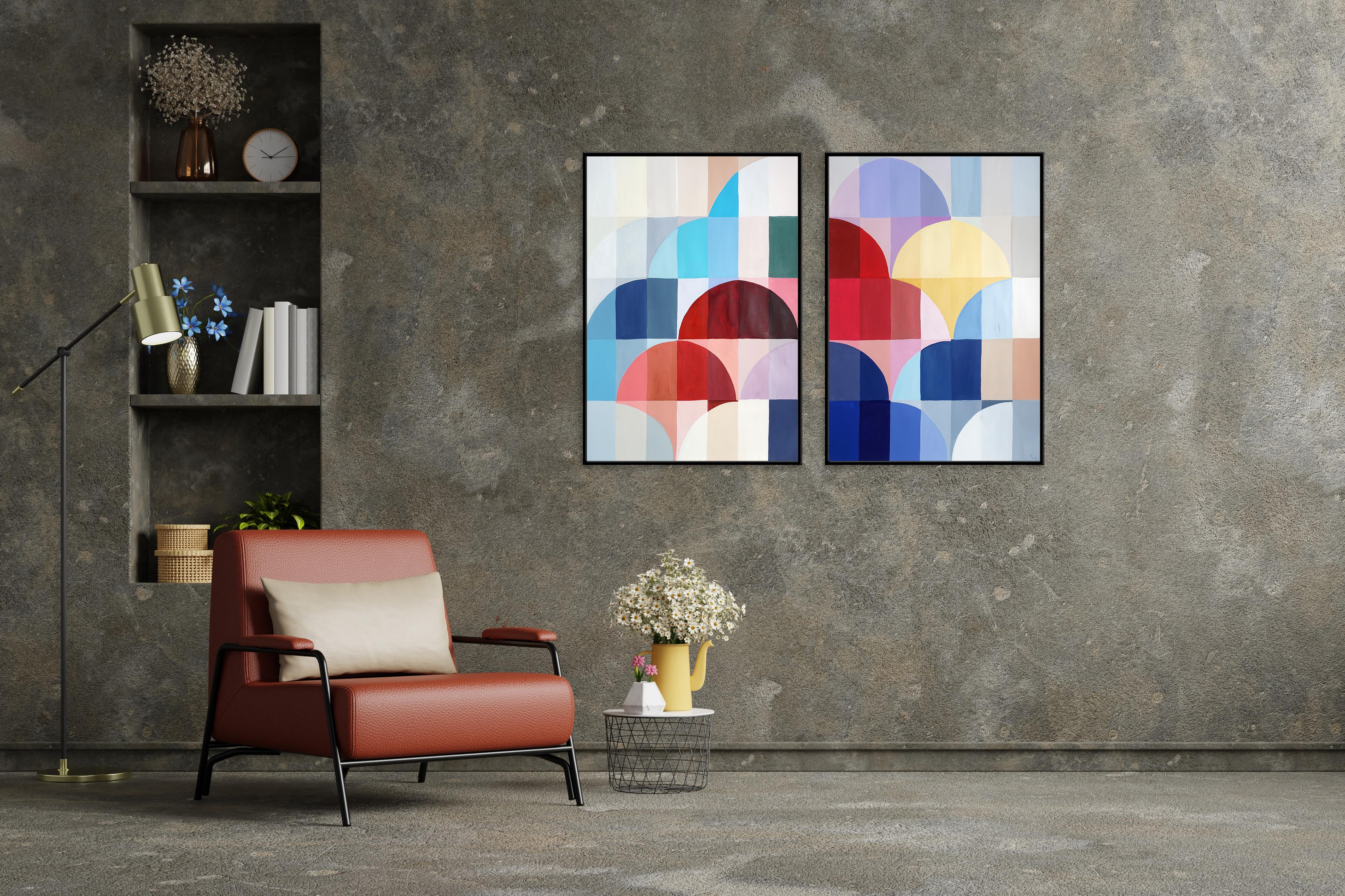 Bauhaus Gems, Chromatic Architecture Diptych, Red, Blue Geometric Balloons Paper For Sale 2